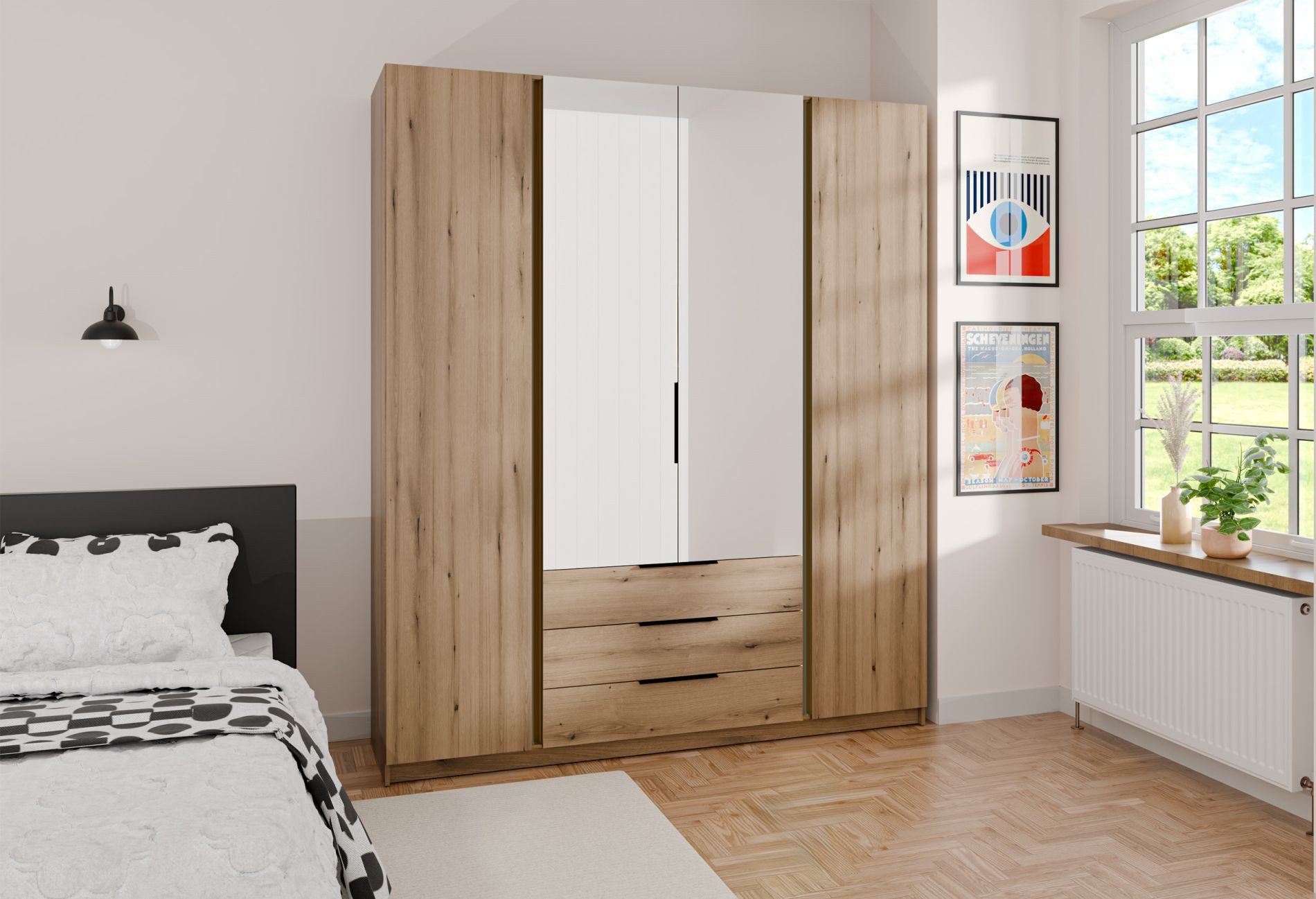 Selsey Kleiderschrank KAJA 4-türig mit Soft-Close, Kleiderstange und 11 Regalfächern, 200 cm