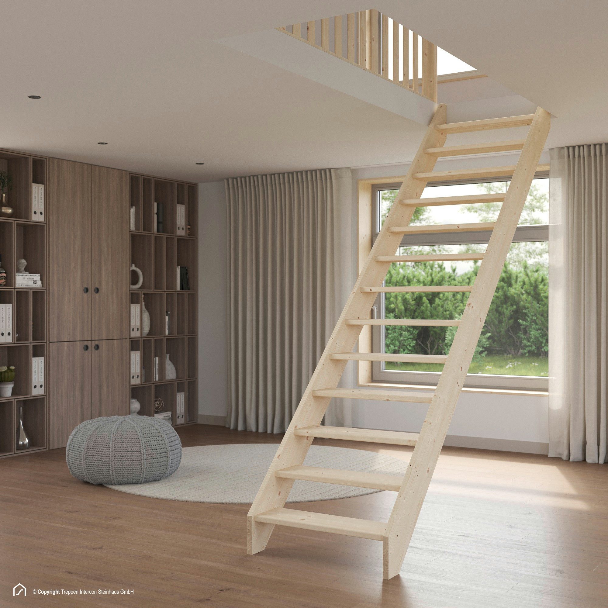 Treppen Intercon Raumspartreppe Casablanca gerade, 60 oder 80 cm Stufenbreite, für Geschosshöhen bis 280,00 cm, Stufen offene oder geschlossene Stufen, Durchgehende Wangen