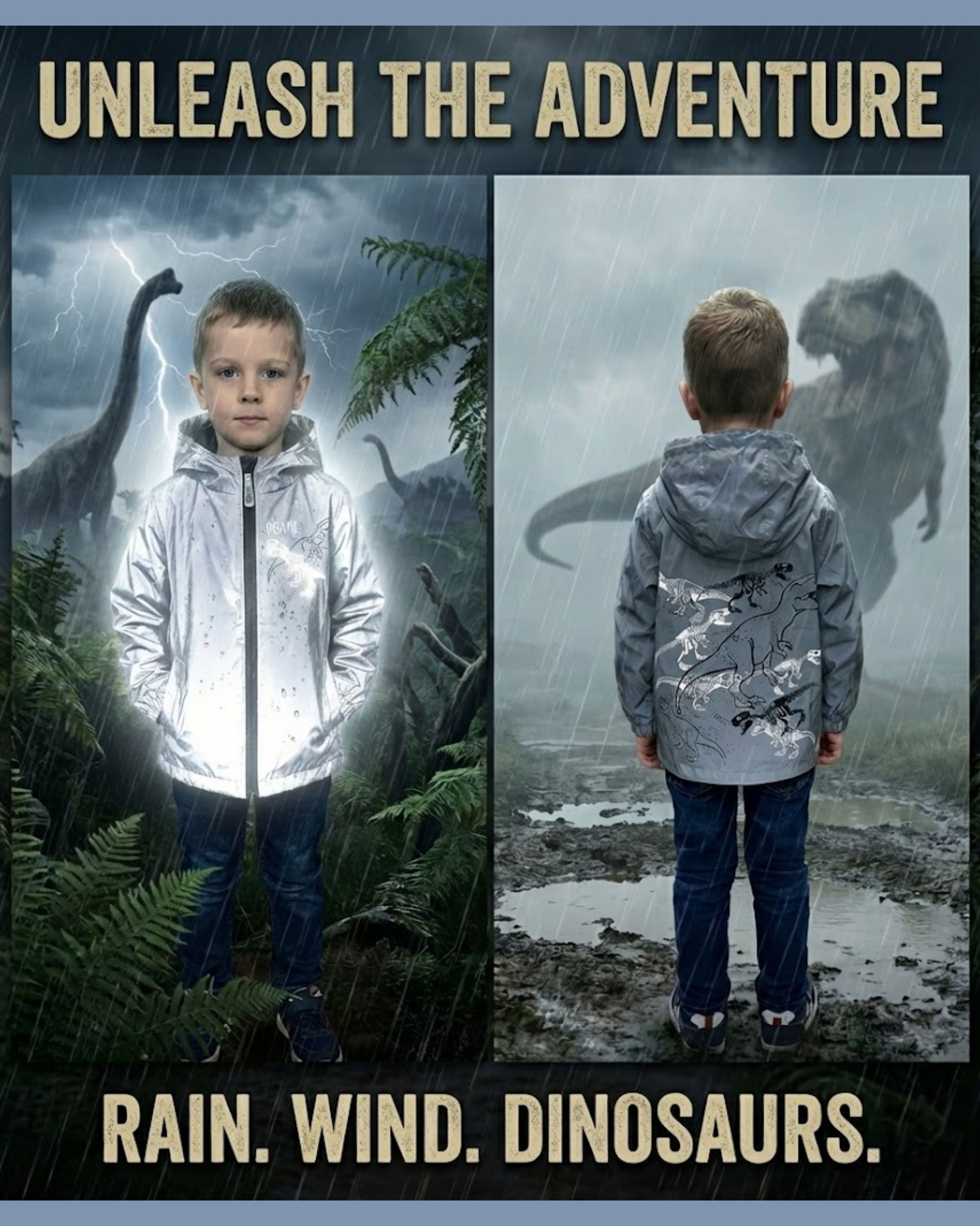 HECKBO Regen- und Matschjacke 360° Reflektor Kinder Regenjacke Windjacke Jacke Dinosaurier 3-6 Jahre