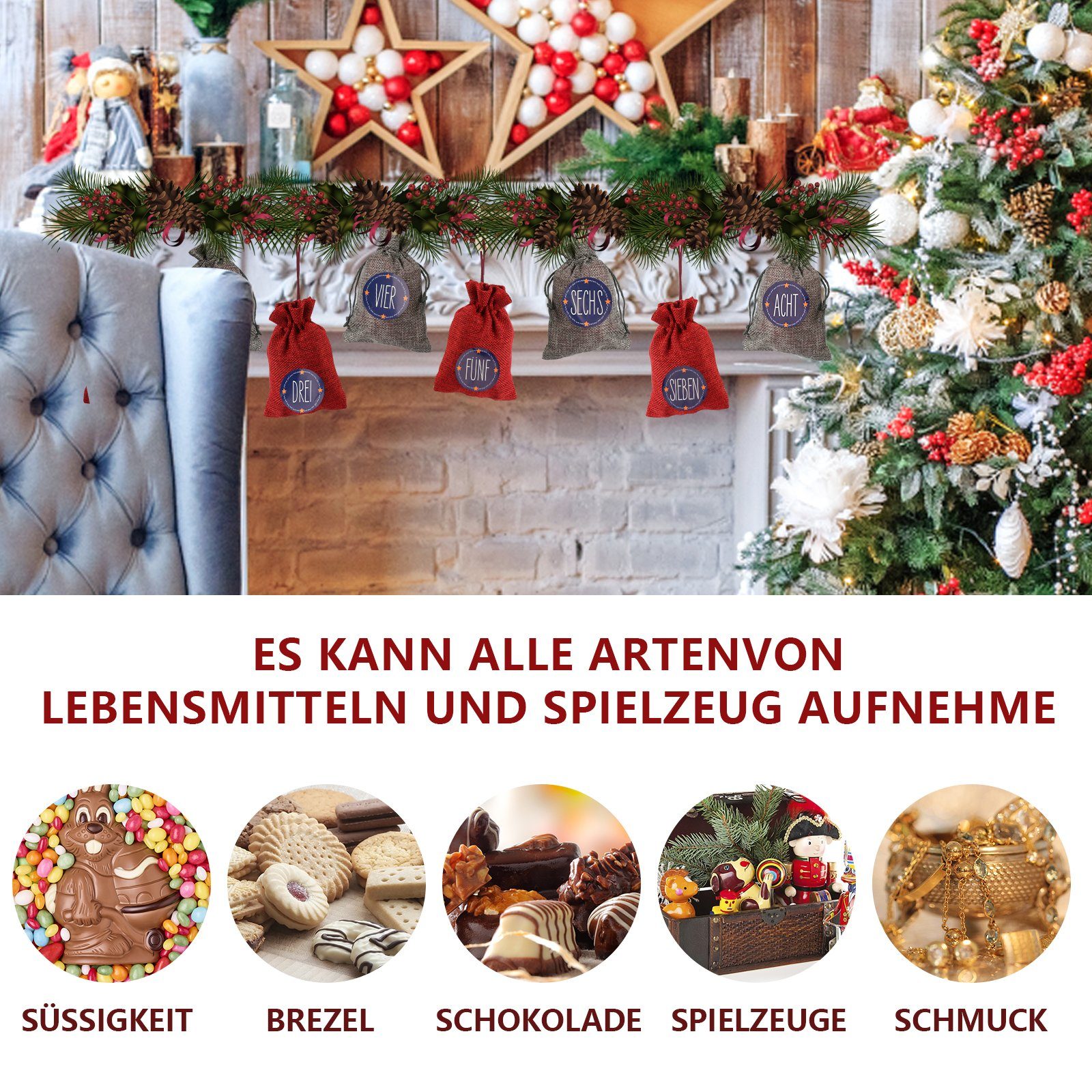 Jutesäckchen Befüllen Christbaumschmuck zum Gimisgu Dekohänger -DIY Rot/Grau Weihnachtskalender