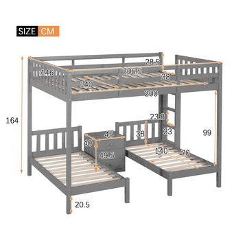 Merax Hochbett 140x200/70x140cm aus Kiefer mit Nachttisch, Kinderbett (3-St) Etagenbett mit 3 Liegeflächen, Leiter und Rausfallschutz