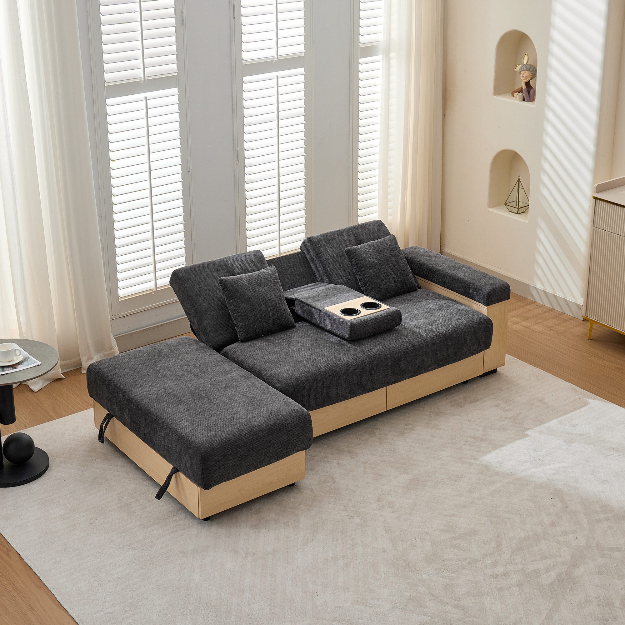 HAUSS SPOLE Schlafsofa mit 3-fach verstellbarer Rückenlehne,Loungesofa mit Schubladen,Grau, Multifunktionales Schlafsofa mit Stauraum, 3-in-1 Sofa mit verstellbarer Rückenlehne für Wohnzimmer