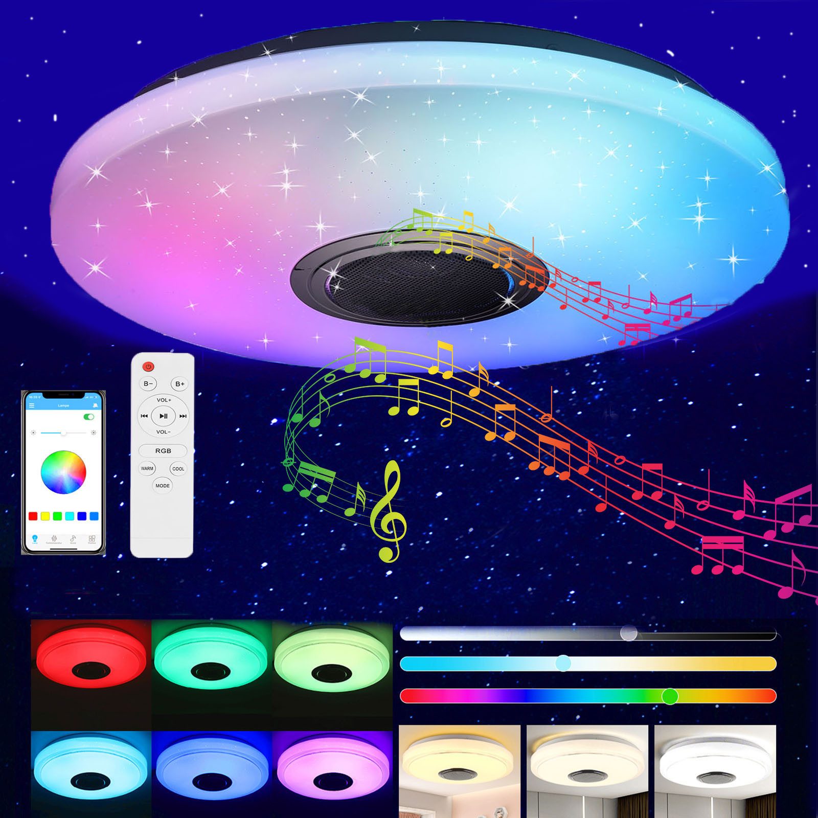 oyajia Deckenleuchte 60W LED Deckenlampe Bluetooth Lautsprecher, 50cm RGB Farbwechsel Lampe, LED fest integriert, Warmweiß, Naturweiß, Kaltweiß,RGB, Dimmbar mit Fernbedienung, APP, für Schlafzimmer Wohnzimmer Bad Bar