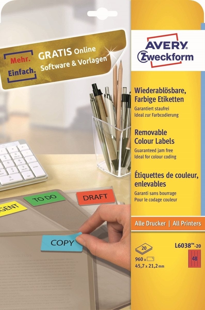 Avery Zweckform Etiketten Etiketten Inkjet/Laser/Kopier 45,7x21,2mm VE=960 Stück rot