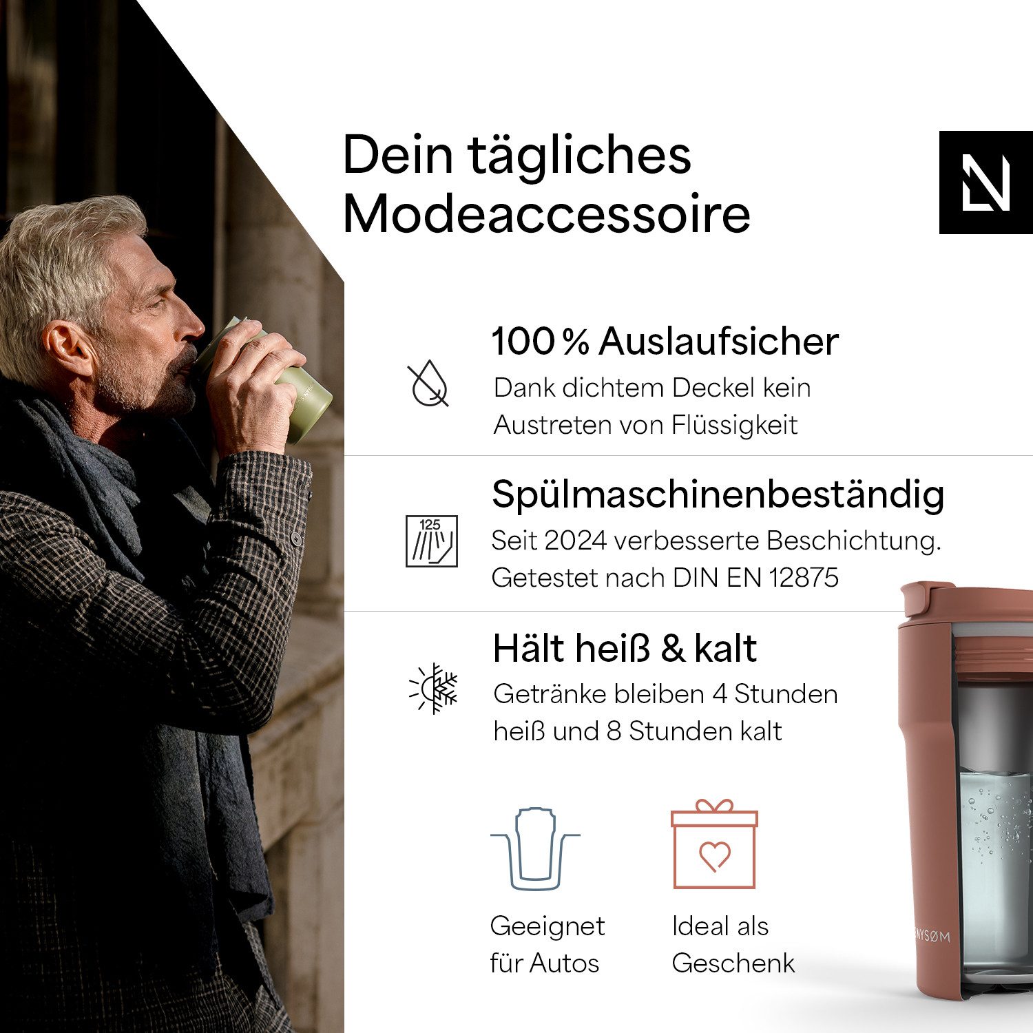 LARS NYSØM Thermobecher Bevægelse, 1-tlg., Thermobecher mit Vakuum Isolierung: 4h heiß / 8h kühl