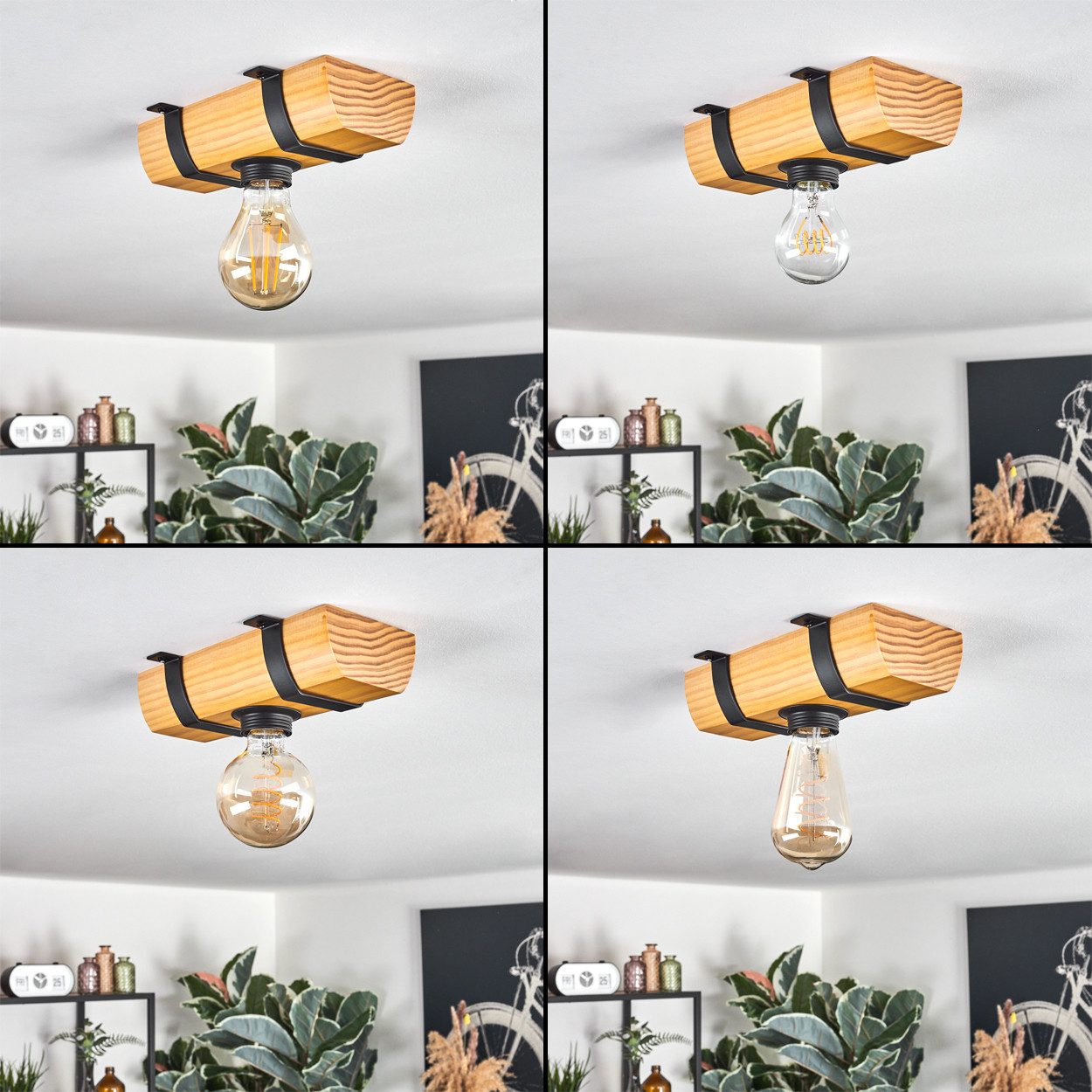 hofstein Deckenleuchte Deckenlampe aus Holz/Metall in Naturfarben/Schwarz, ohne Leuchtmittel, moderne Retro/Vintage/Industrial-Design Leuchte mit Holzbalken, 1x E27