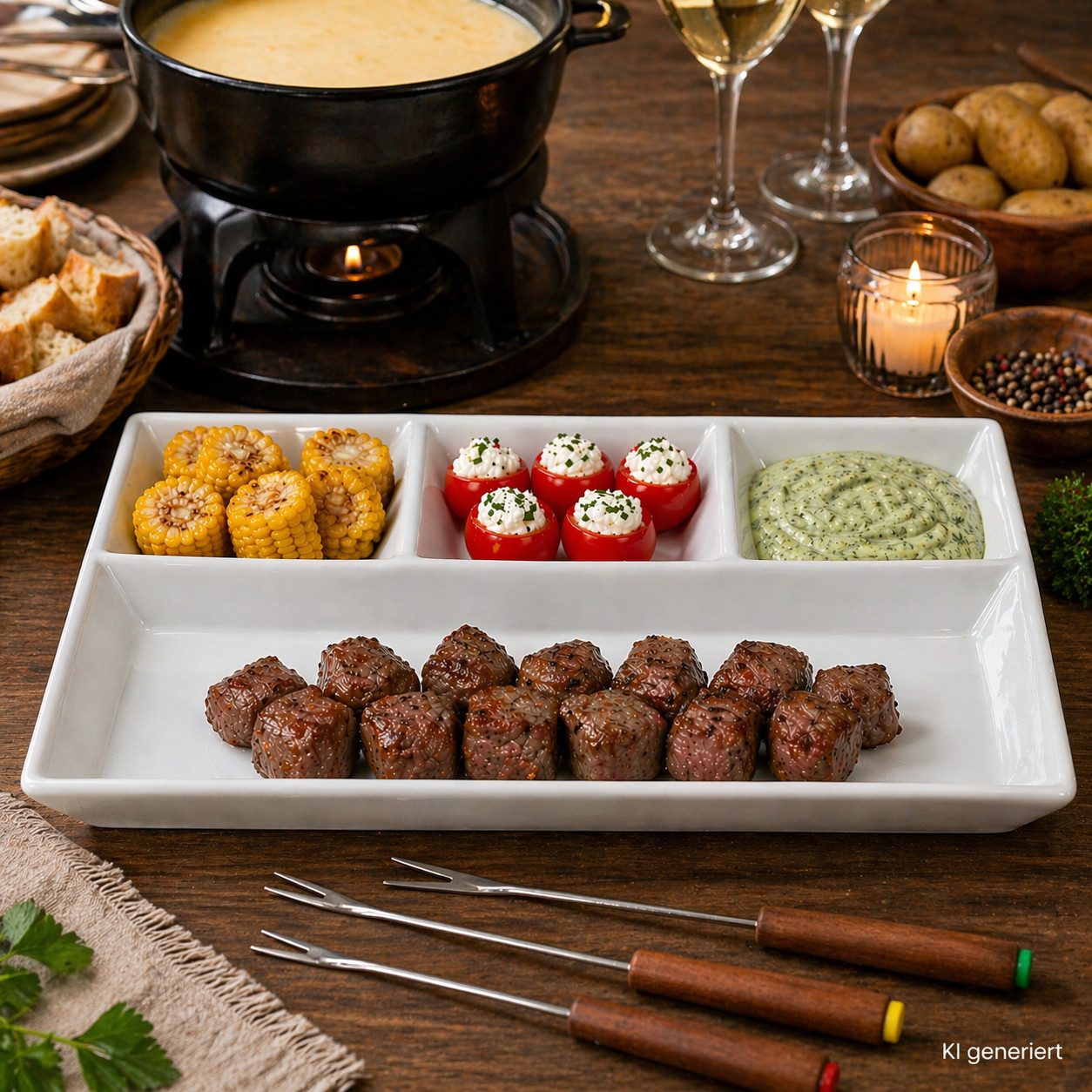 MamboCat Frühstücksteller 2er Set Fondueteller weiß 23x18 cm mit 4 Fächern Raclette Fondue Dip