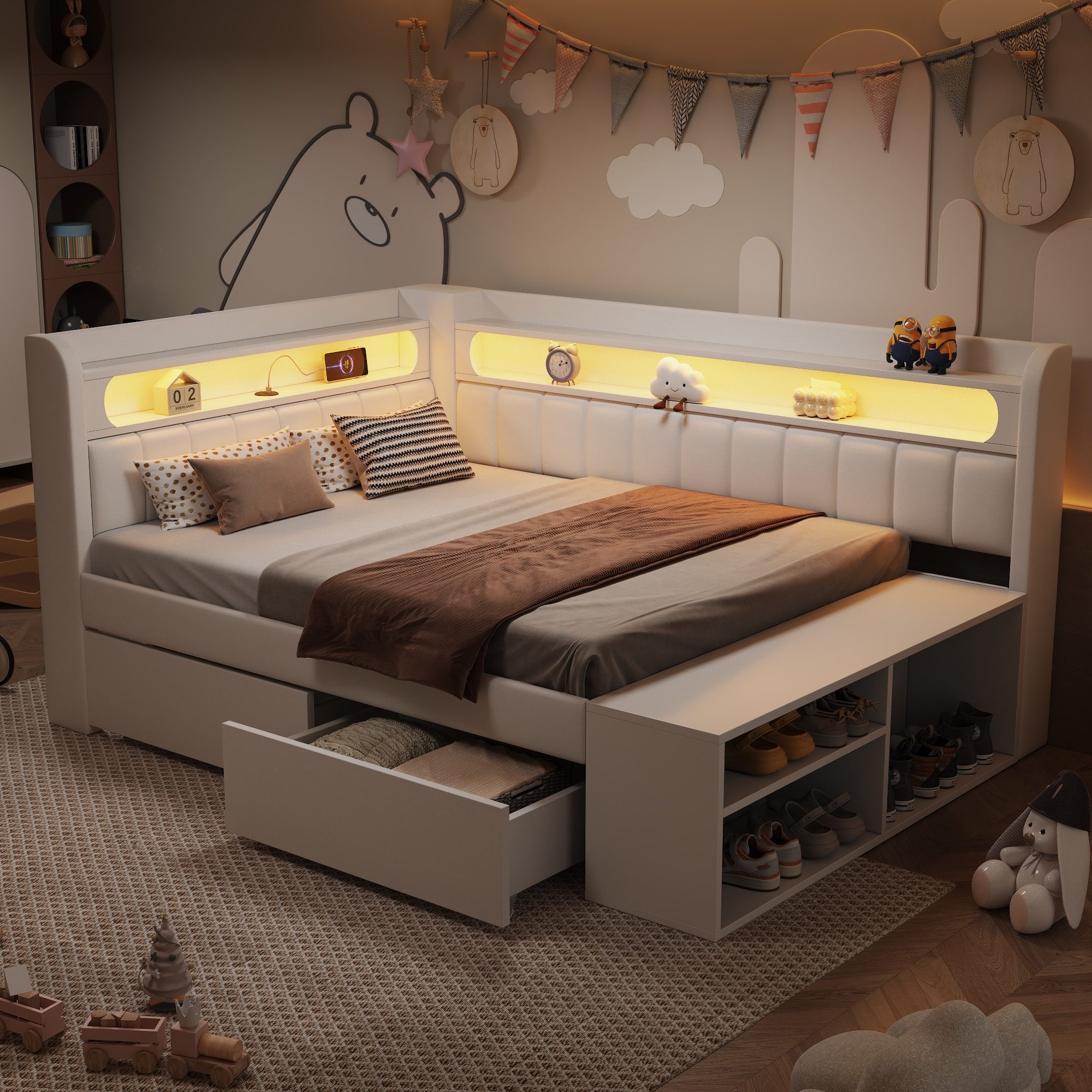 Merax Daybett 90x200cm mit USB-Anschluss & LED-Lichtleiste (Jugendbett Einzelbett Kinderbett, 1 tlg), Schlafsofa Tagesbett mit Schuhschrank, 2 Schubladen & Ablage, Leinen