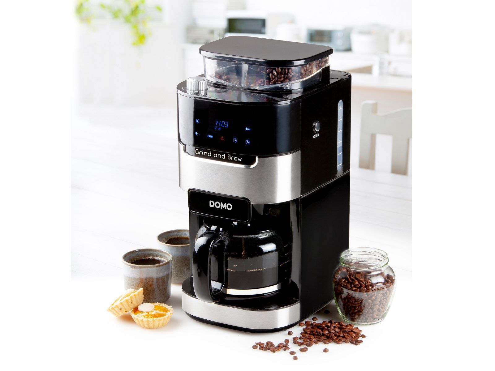 Domo Filterkaffeemaschine, 12 Tassen Glaskanne mit Timer & Mahlwerk für Bohnen, Pulver geeignet