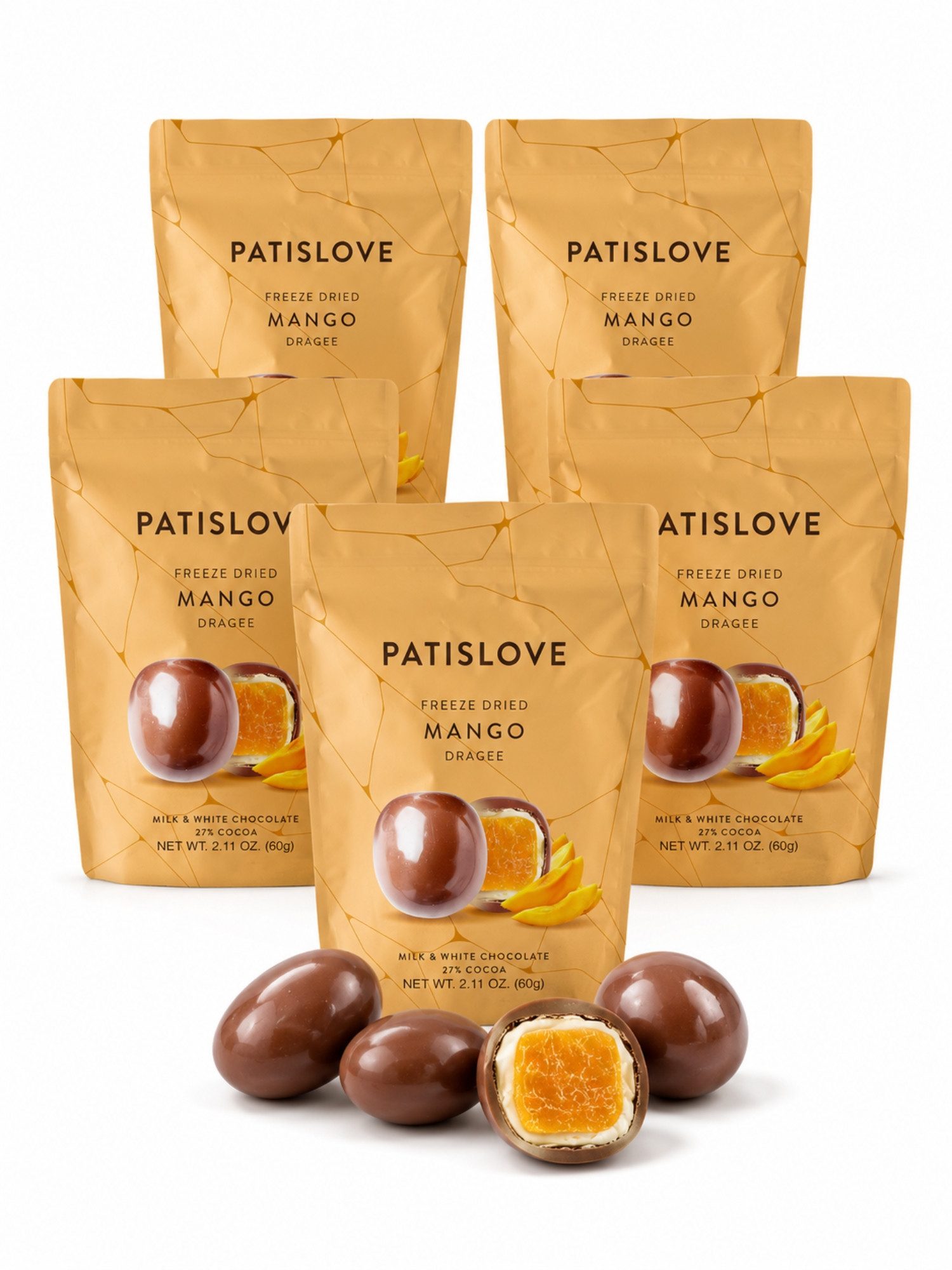 PATISLOVE Schokolade Patislove Mango Dragee – Gefriergetrocknet in Schweizer Schokolade, Ohne künstliche Farbstoffe, 100% echte Frucht.