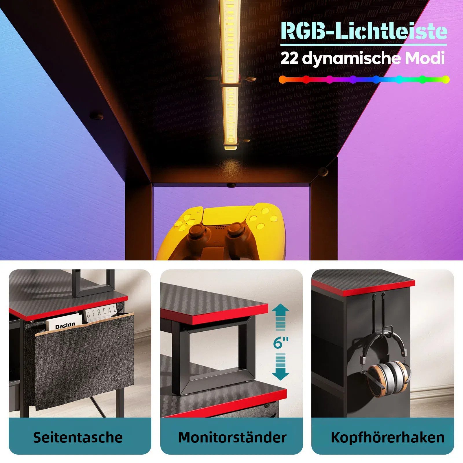 Bestier Computertisch Schreibtisch mit RGB-Beleuchtung und Halterungen (107x80x89cm Reversibler Gamingtisch mit Stauraum, Monitorständer), Eckschreibtisch Breite 107 cm