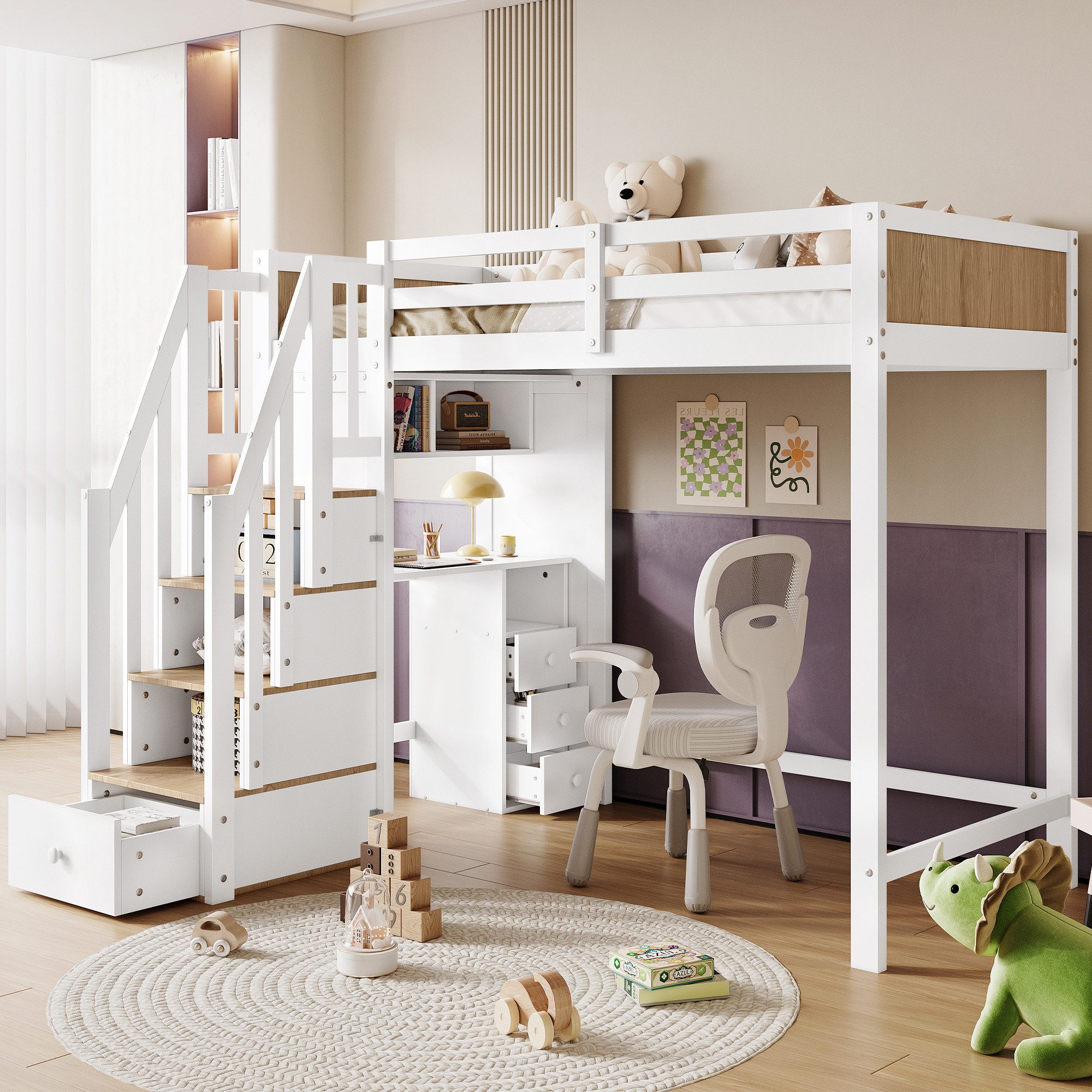 Flieks Hochbett Kinderbett 90x200cm mit Stauraumtreppe günstig online kaufen
