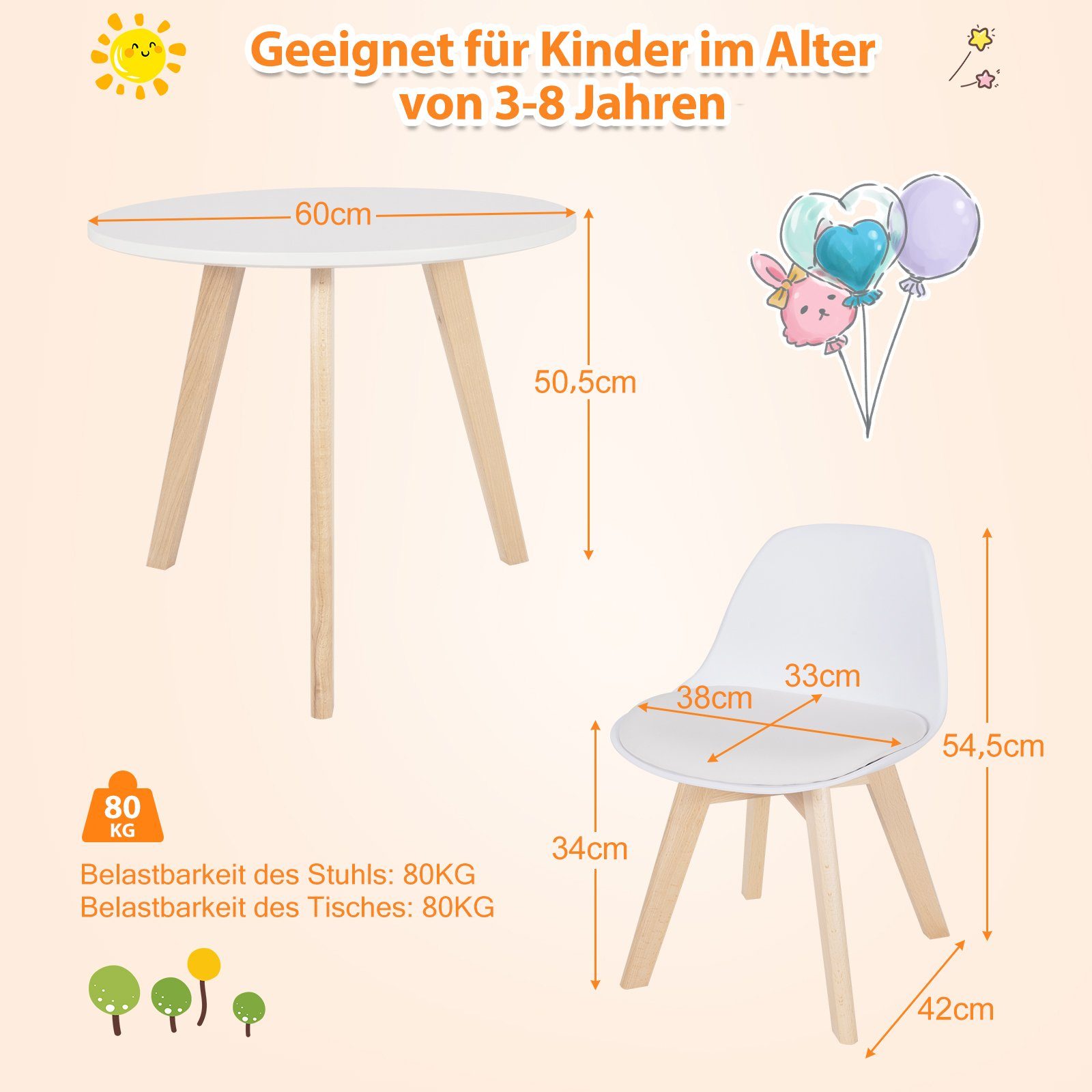 COSTWAY Kindersitzgruppe 3TLG. Kindertisch Holz & aus 2 Stühle