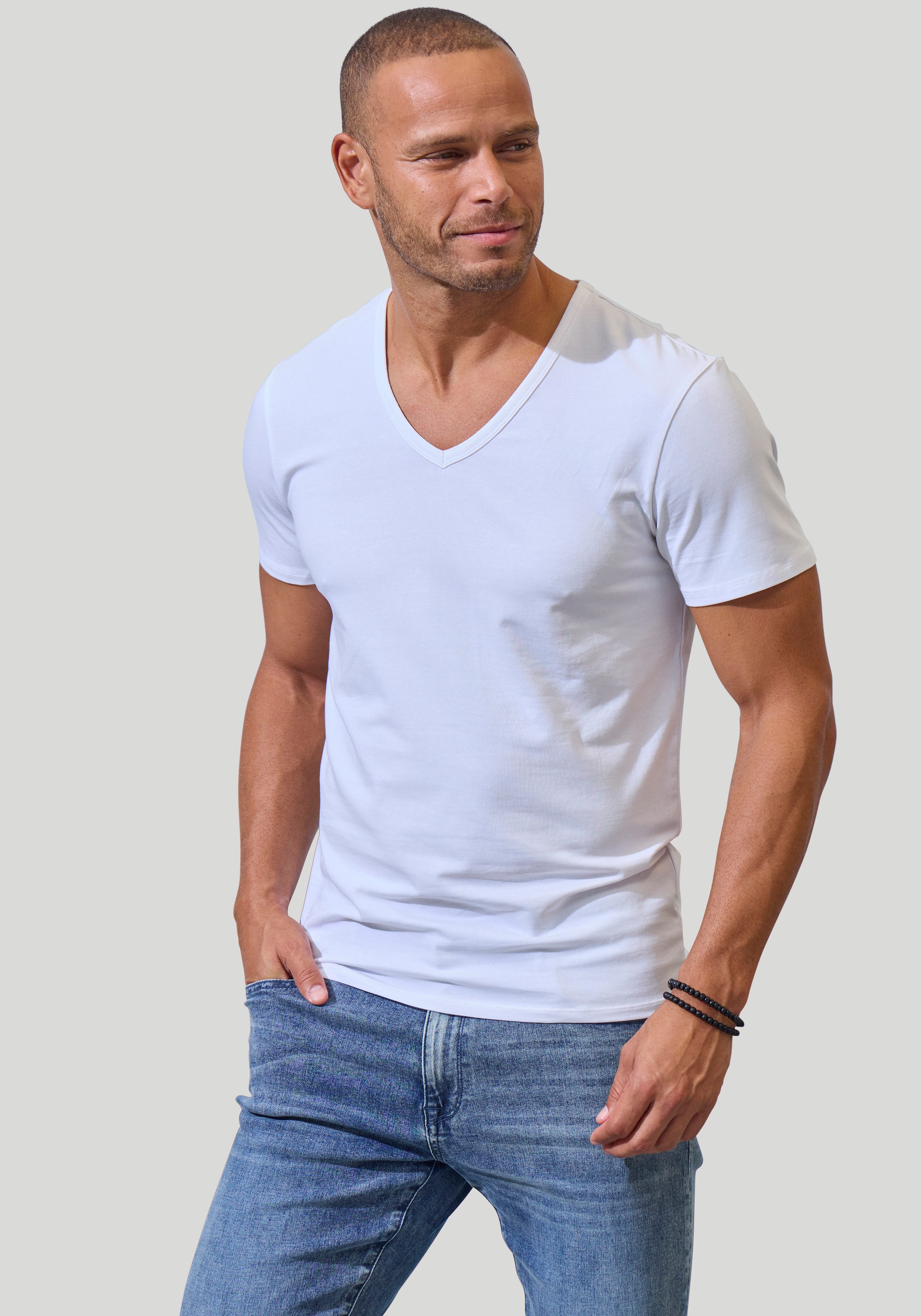 John Devin T-Shirt mit tiefem V-Ausschnitt, V-neck, Unterziehshirt (3er-Pack) aus elastischer Baumwollqualität