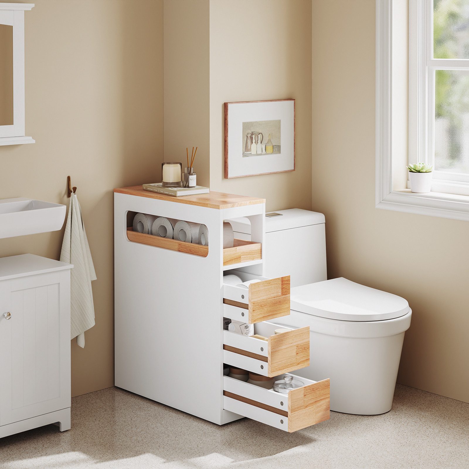 SoBuy Beistellwagen BZR54-II, Badezimmerschrank mit Rollen, Badschrank schmal, Kommode, Küchenwagen schmal Nischenwagen Badezimmerregal mit Rädern, ausziehbar