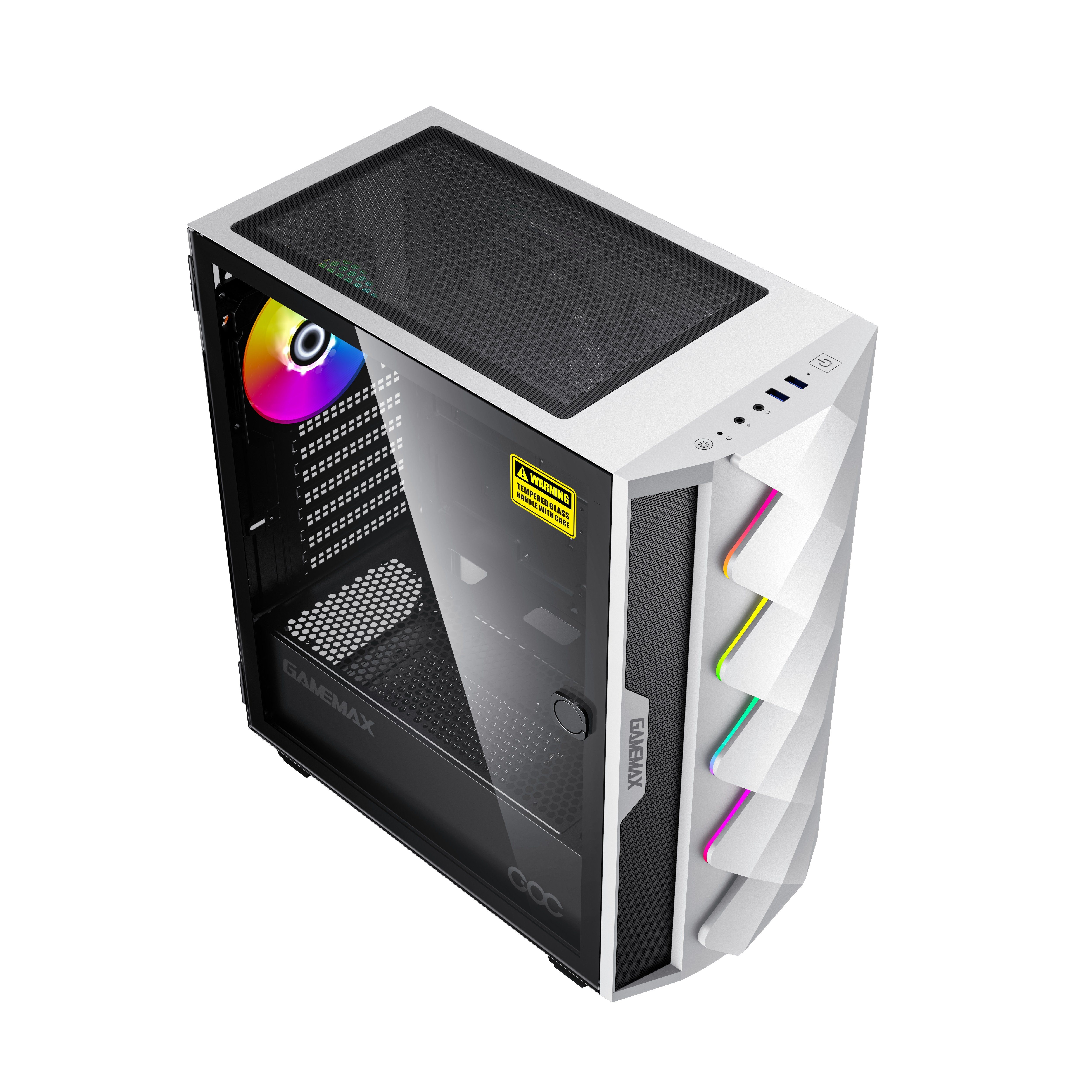 GAMEMAX Gaming-Gehäuse Diamond COC WT Midi-Tower USB3.0*1+1xUSB2.0, (gehärtetes Glas), HD-Audio, ATX inkl. 14cm Turbo COC Lüfter, weiß