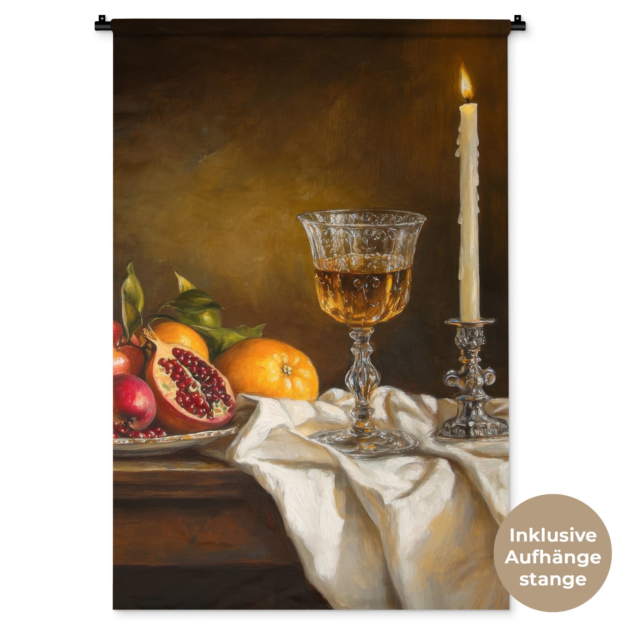 MuchoWow Wandteppich Obst - Stilleben - Wein - Kerze, Rechteckig, Höhe: 3 mm, Wandtuch Wohnzimmer, Schlafzimmer, 90x135 cm