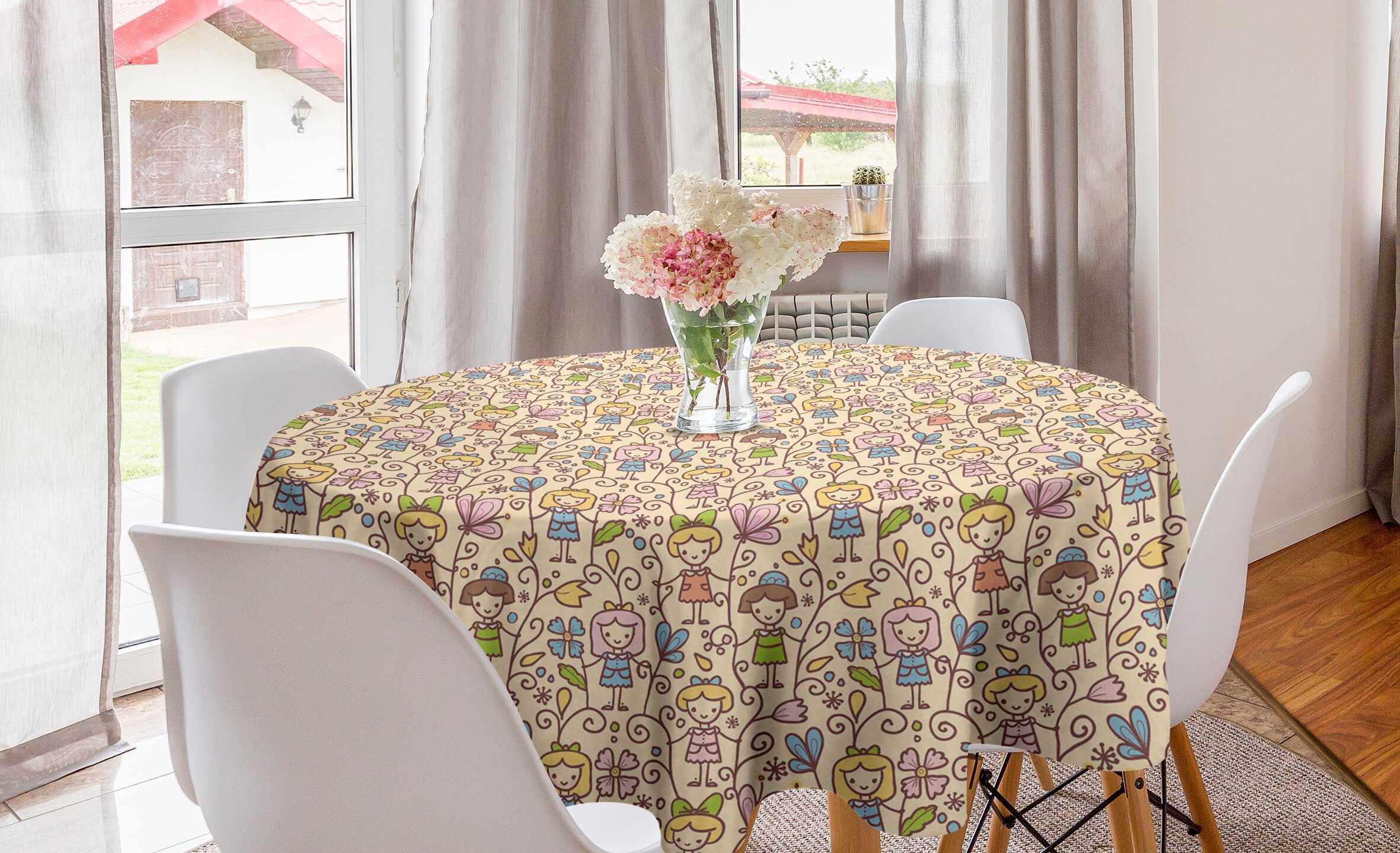 Abakuhaus Tischdecke Kreis Tischdecke Abdeckung für Esszimmer Küche Dekoration, Kindergarten Glückliche Mädchen-Blumenwirbel