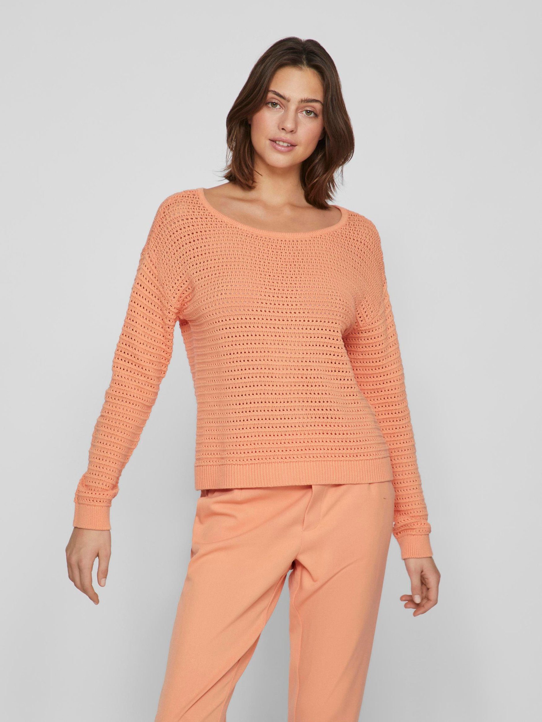 Vila Strickpullover Legerer Strickpullover Transparent Feinstrick Sweater 6924 in Neon Orange