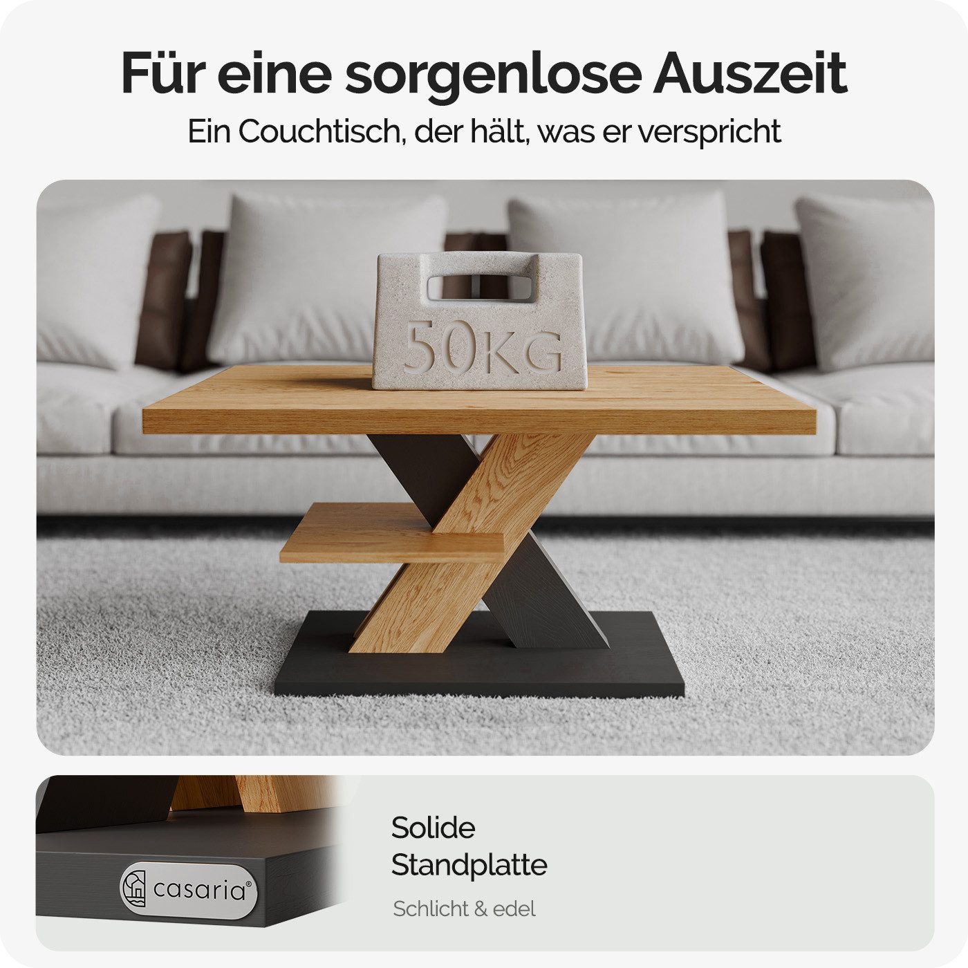 Casaria Couchtisch Detroit, Holz 2 Ablagen 90x60cm Modern Eckig Kratzfest Grau – Bild 5 von 5