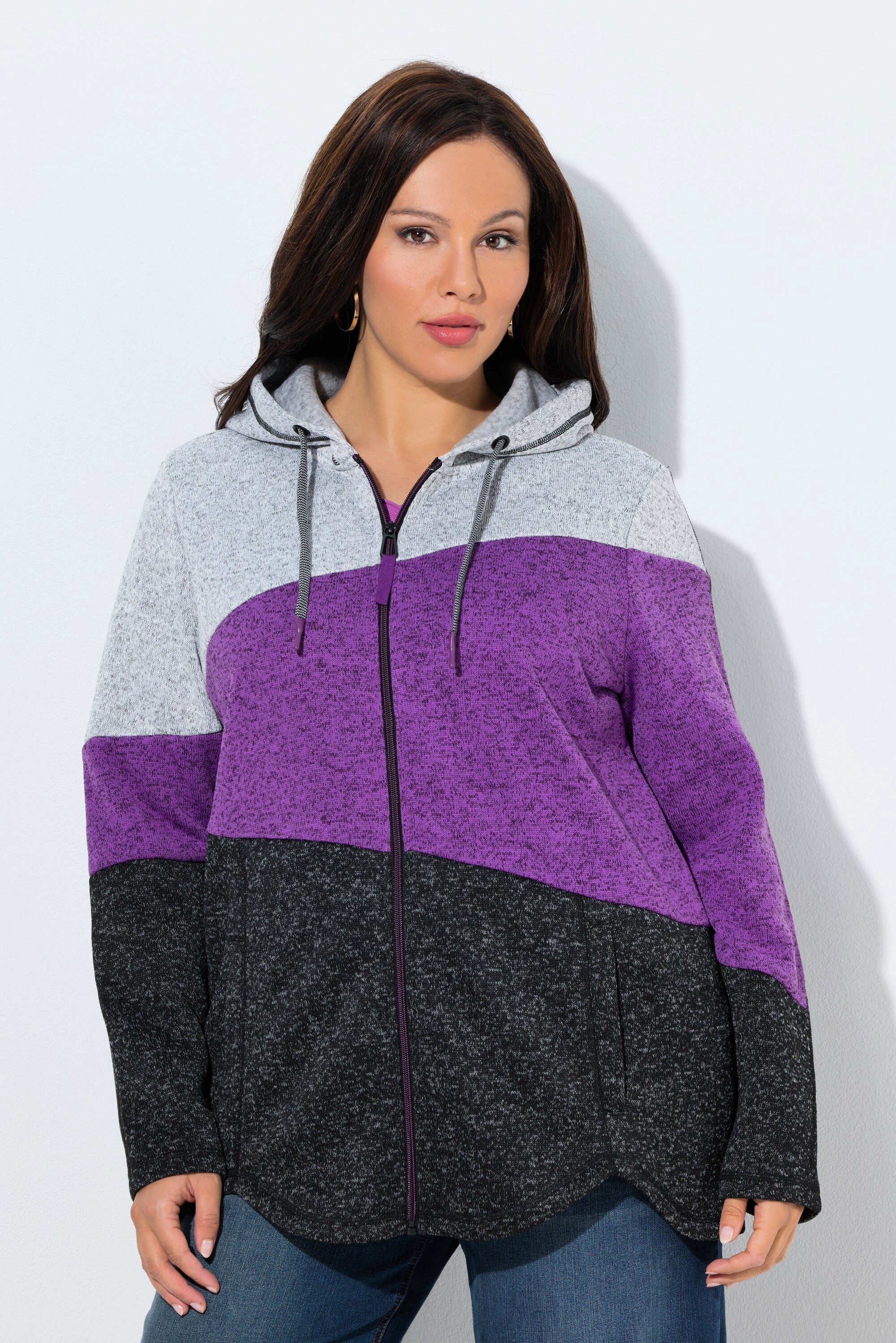 Ulla Popken Sweatjacke Strickfleece-Jacke Colorblocking Kapuze Zipper