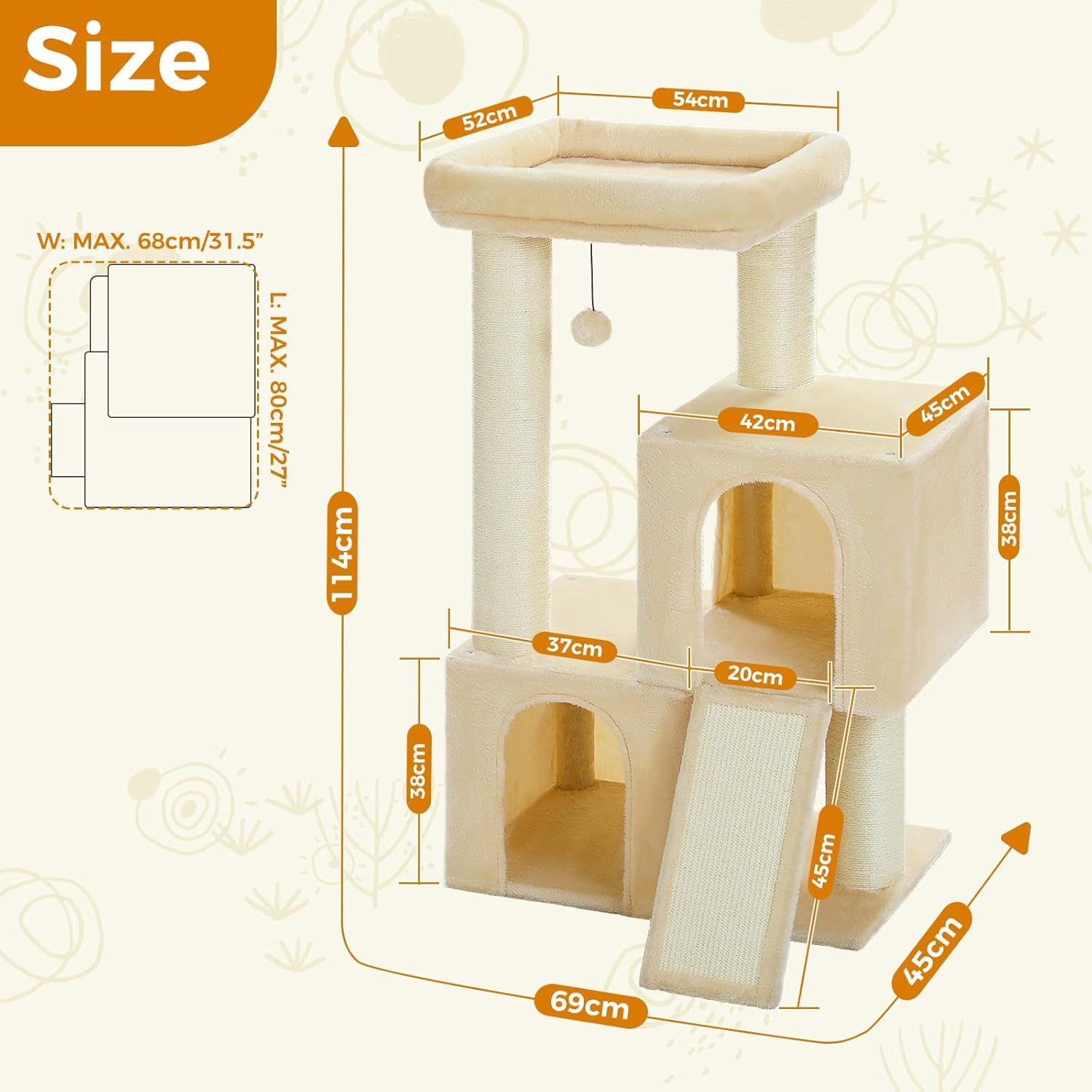 Purpurra Kratzbaum Extra-Dick Stämme XXL Stabil für Grosse Katzen, 114/170 cm