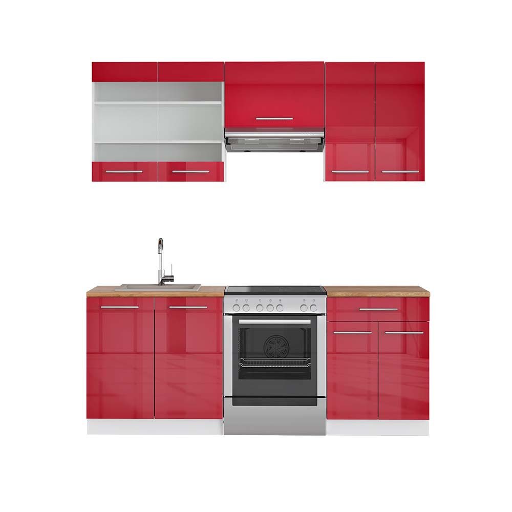 Vicco Küchenzeile Fame-Line, Bordeaux Hochglanz/Weiß, 200 cm, AP Eiche