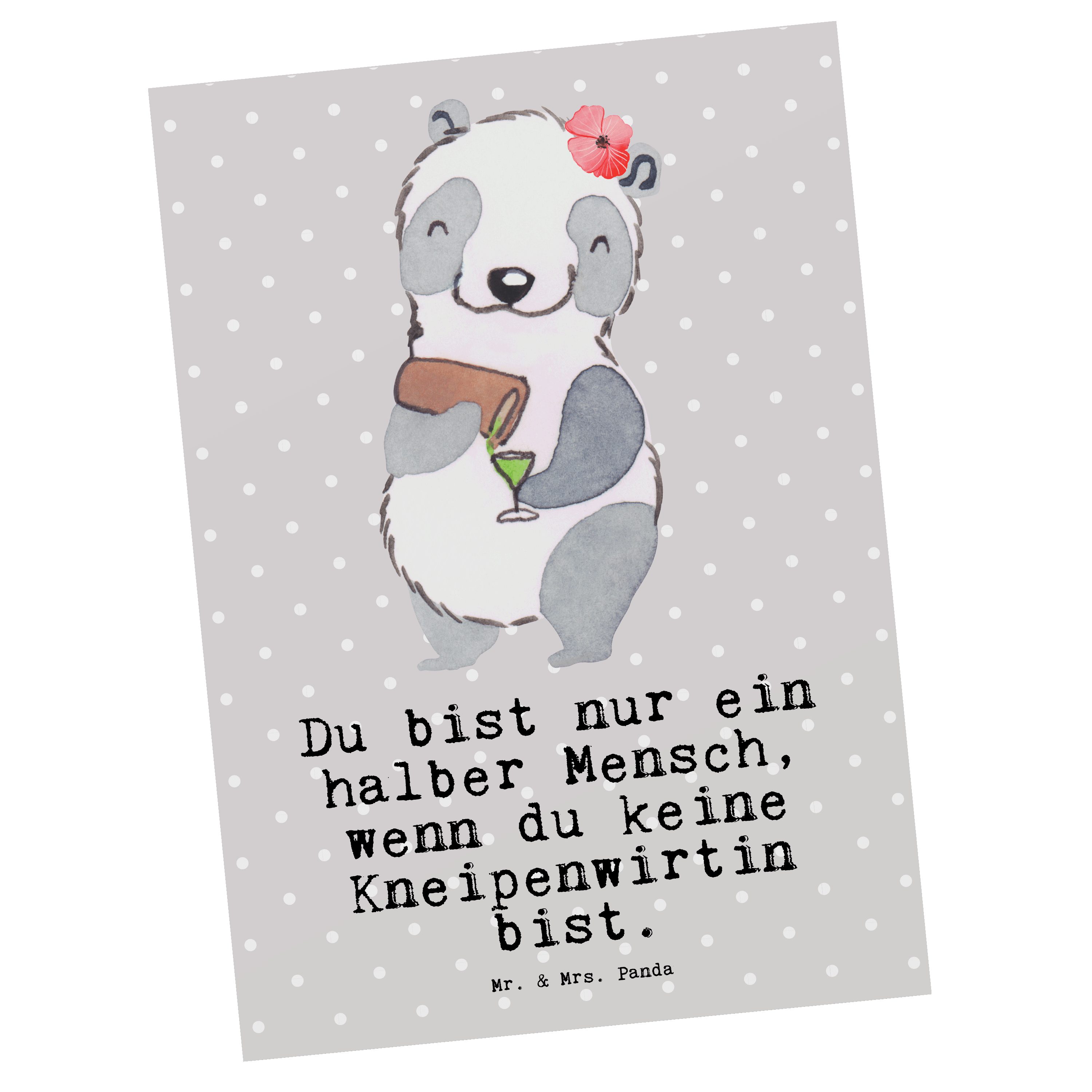 Mr. & Mrs. Panda Postkarte Kneipenwirtin mit Herz - Grau Pastell - Geschenk, Jubiläum, Beruf, Ge