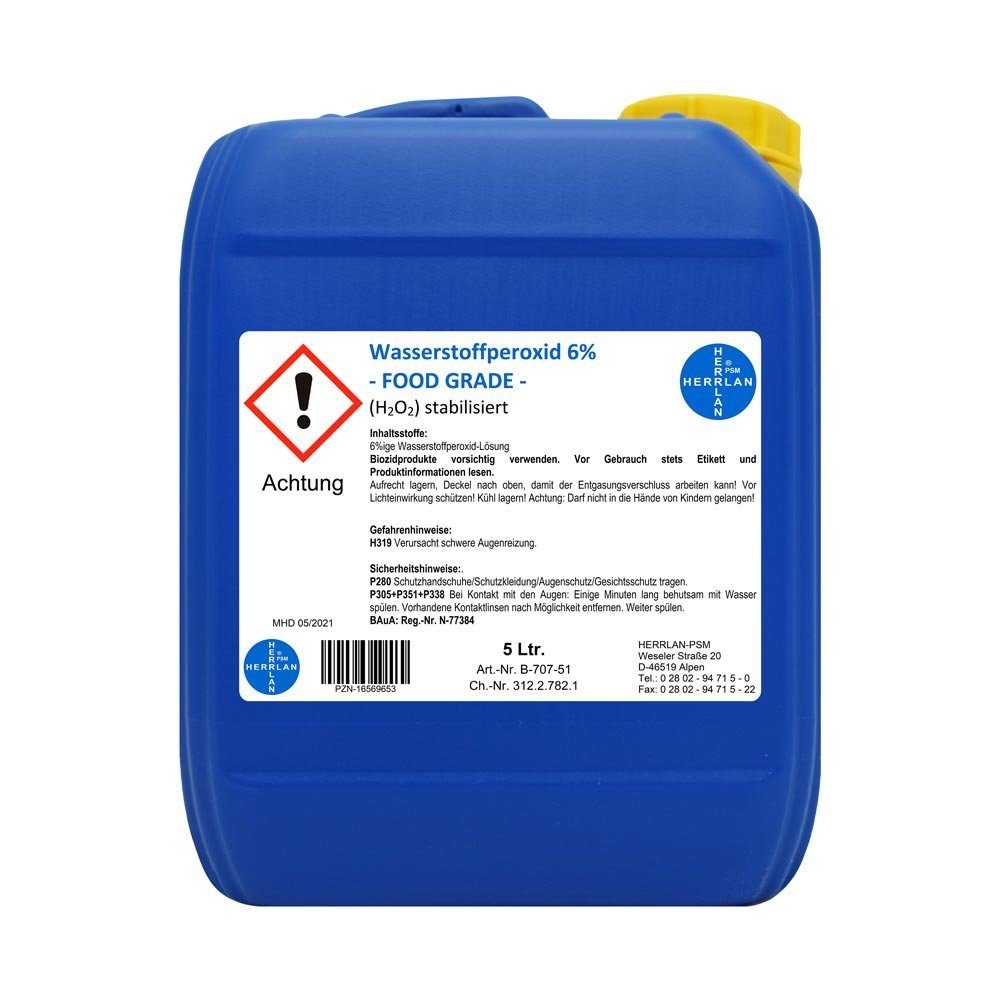HERRLAN Wasserstoffperoxid 6% FOOD (5 HERRLAN-Qualität Liter) Oberflächen-Desinfektionsmittel I GRADE