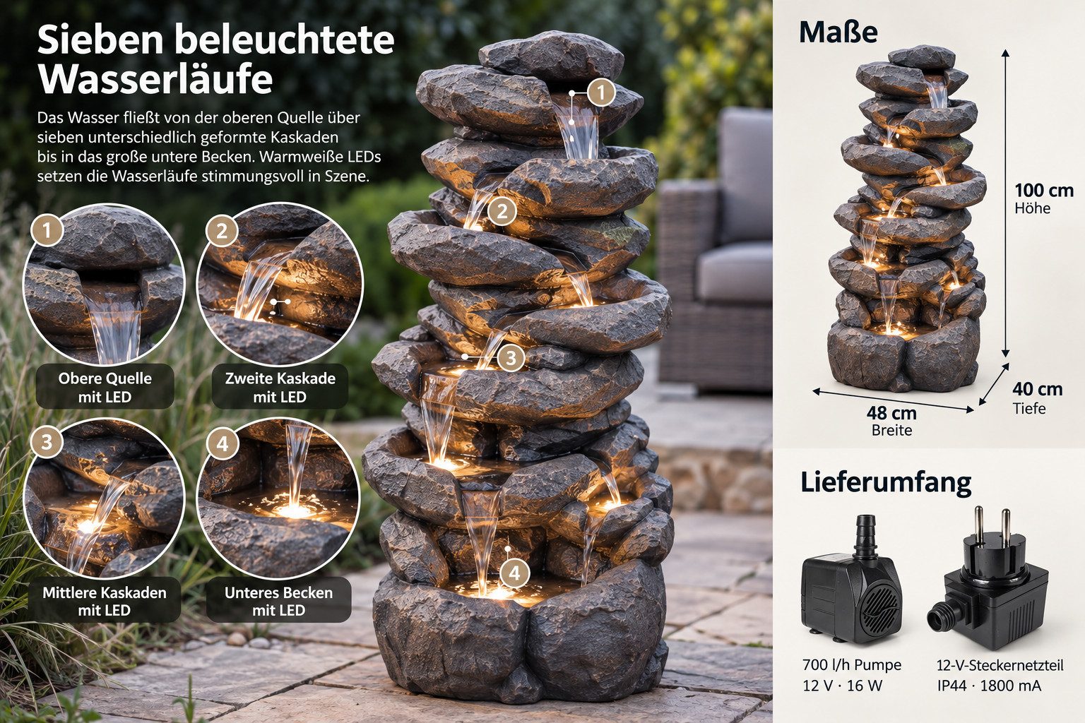 Arnusa Gartenbrunnen großer Springbrunnen 100 cm Wasserfall Kaskade mit Beleuchtung, 48 cm Breite, Gartendekoration – Bild 5 von 5