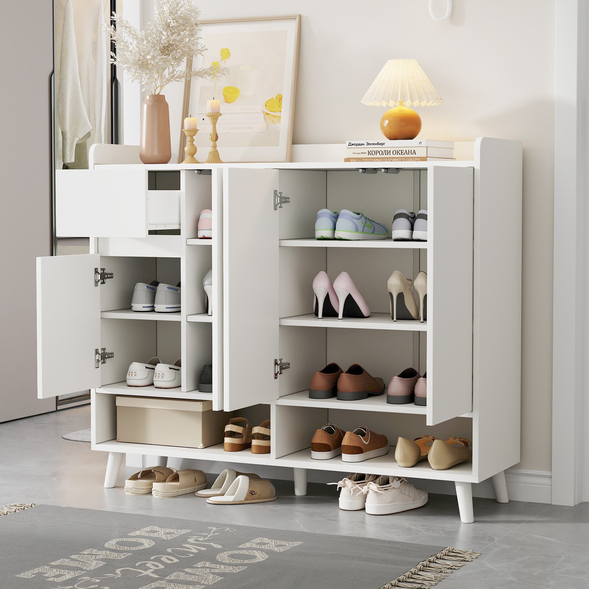 Ulife Sideboard Kommode Schuhschrank mit großem Stauraum, 4 Türen und 1 Schubladen, Maße: 120*99*35 cm – Bild 4 von 5