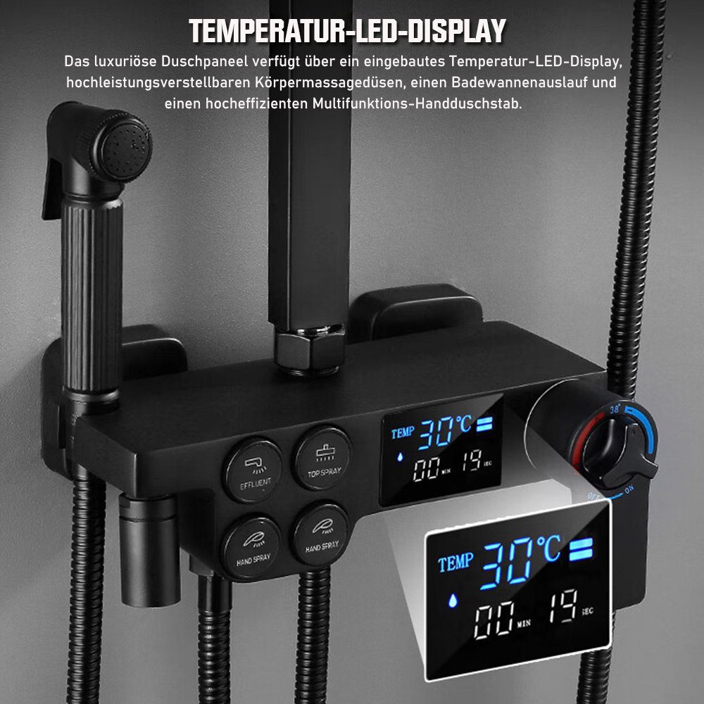 LCD Regendusche Strahlart(en), Funktions, mit Duschsystem 6 6 Duschsäule XIIW Brausegarnitur mit Schwarz Wandhalterung Thermostat