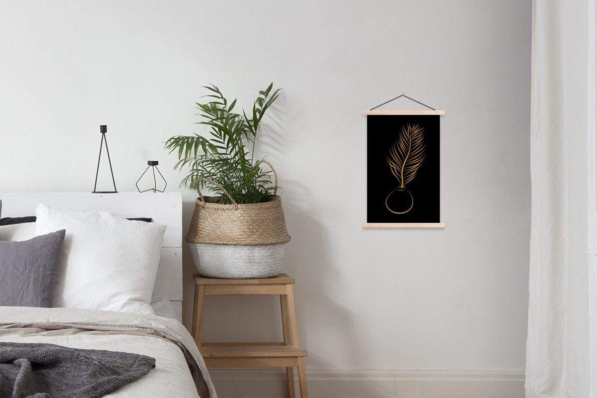 Wohnzimmer, Linienkunst für MuchoWow - - Textilposter Topf Pflanze Magnetisch - Bilderleiste, Posterleiste, Gold, (1 Poster St),