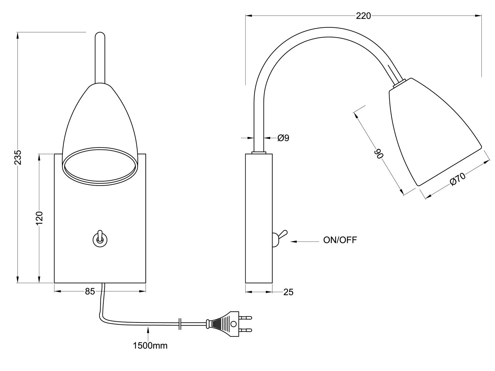 TRIO Leuchten LED Leselampe mit Schalter und Stecker, Höhe 23,5cm, Dimmfunktion, LED wechselbar, Warmweiß, innen Wand-Leuchte mit Kabel, Nachttischlampe & Bett-Lampe zum Lesen