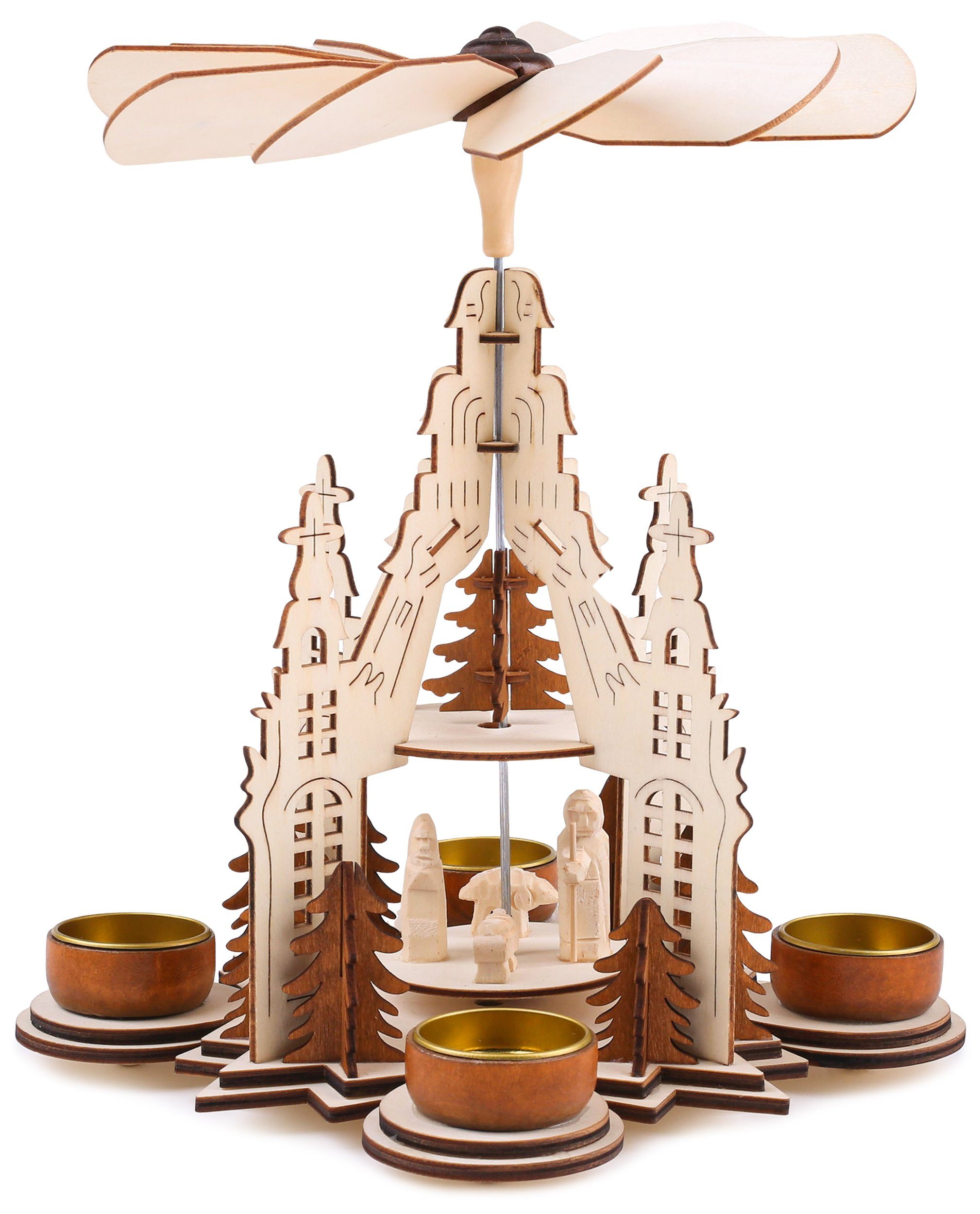 BRUBAKER Weihnachtspyramide Teelicht Holzpyramide Kathedrale - 2 Etagen, Teelichtpyramide aus Holz mit 4 Teelichthaltern aus Metall, 29 cm hoch, Weihnachtsdeko