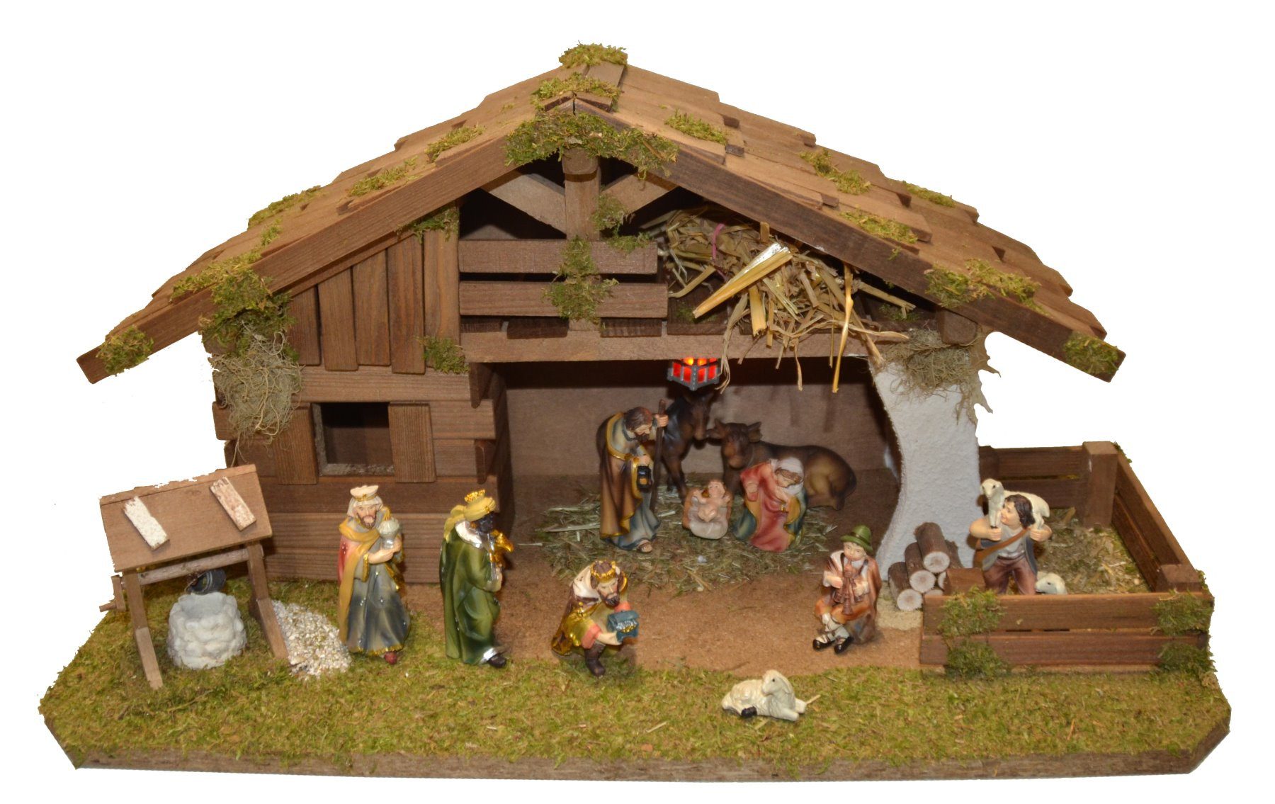 Alfred Kolbe Krippe Krippenstall mit Trafo, mit Laterne, Brunnen, Holz, 9 cm Figuren 11tlg.