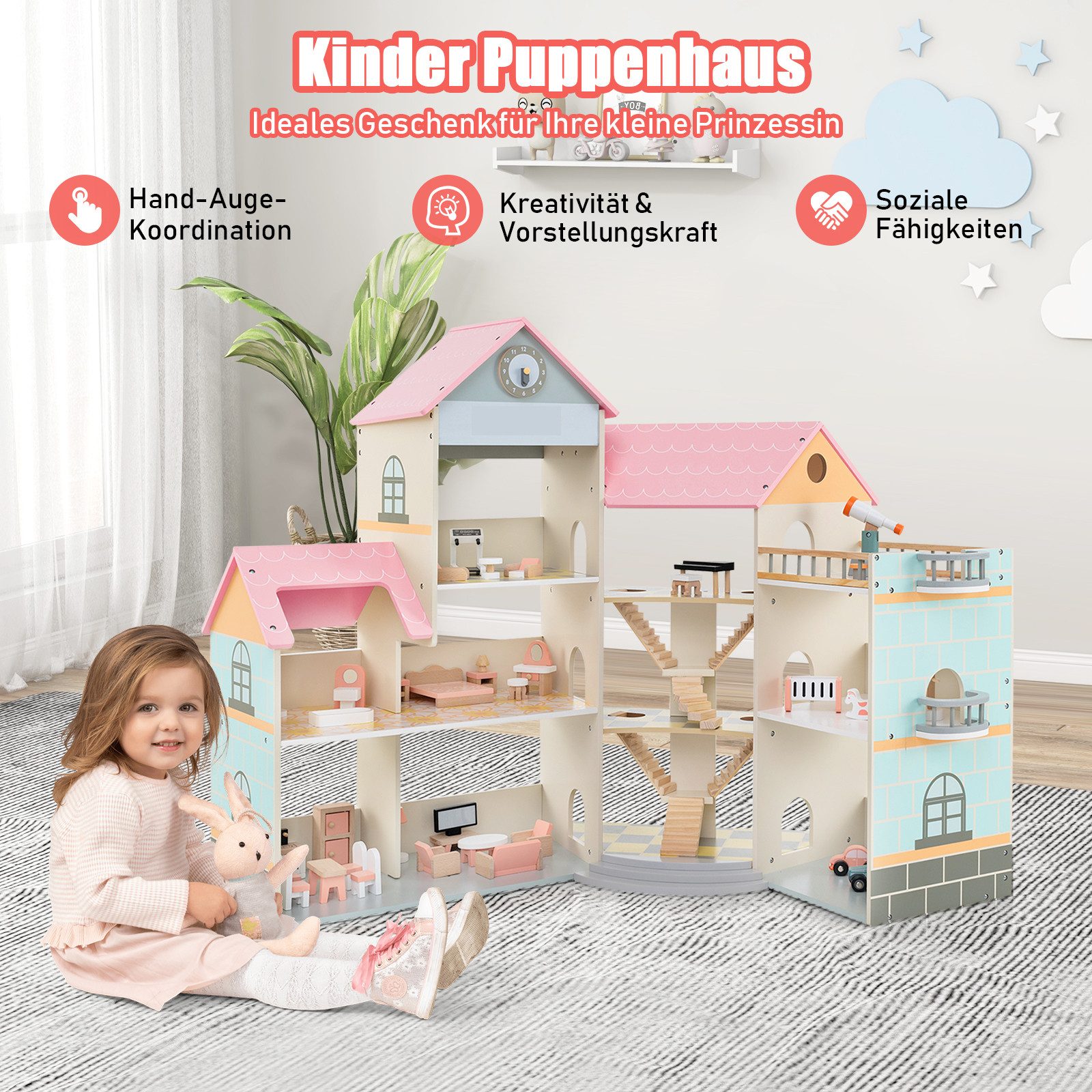 KOMFOTTEU Puppenhaus, 3-stöckiges Dollhouse mit 7 Zimmern, 42 Zubehörteilen