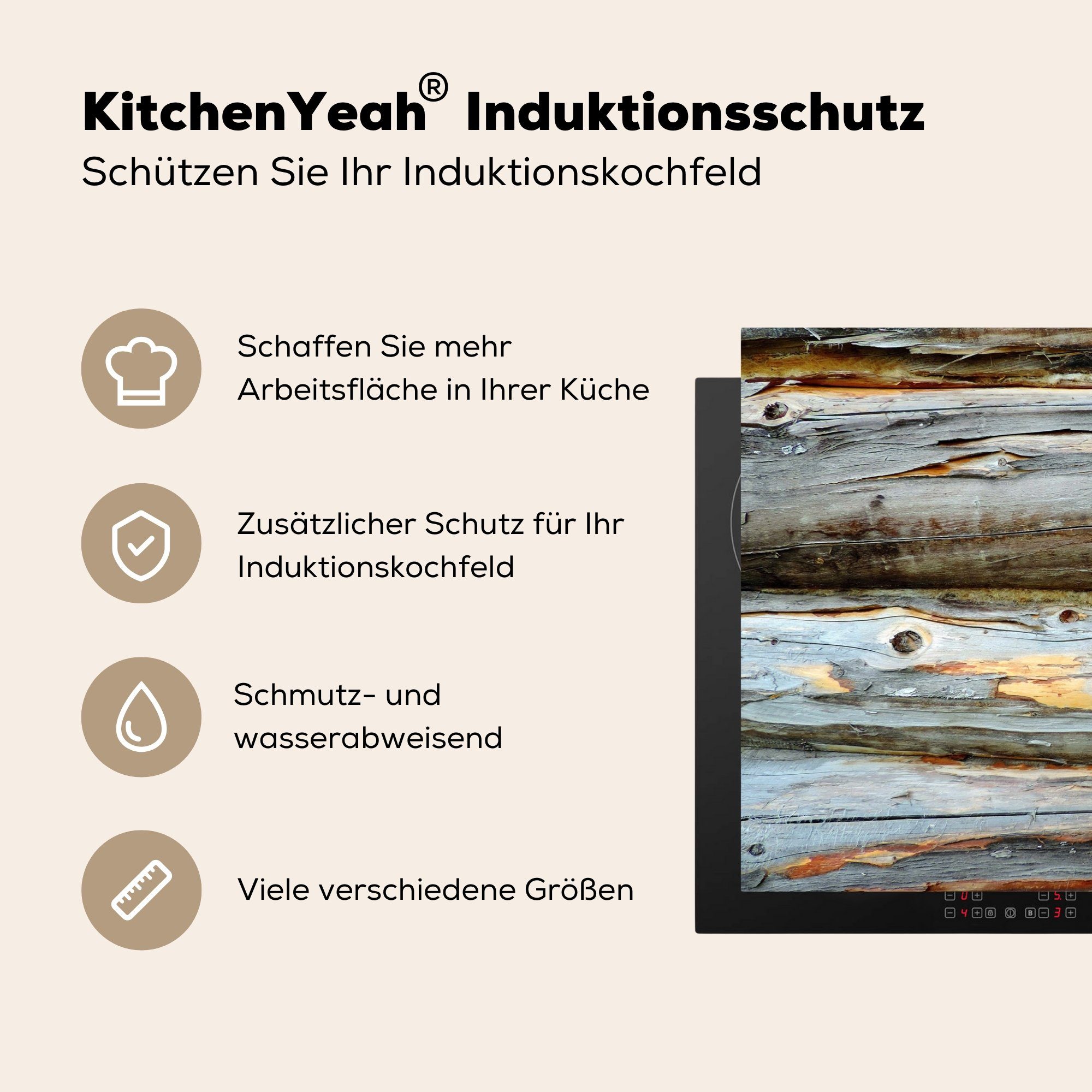 MuchoWow Herdblende-/Abdeckplatte Rustikal - Holz die tlg), (1 Schutz für Vinyl, cm, 81x52 küche, Ceranfeldabdeckung Grau, - - Induktionskochfeld Regale