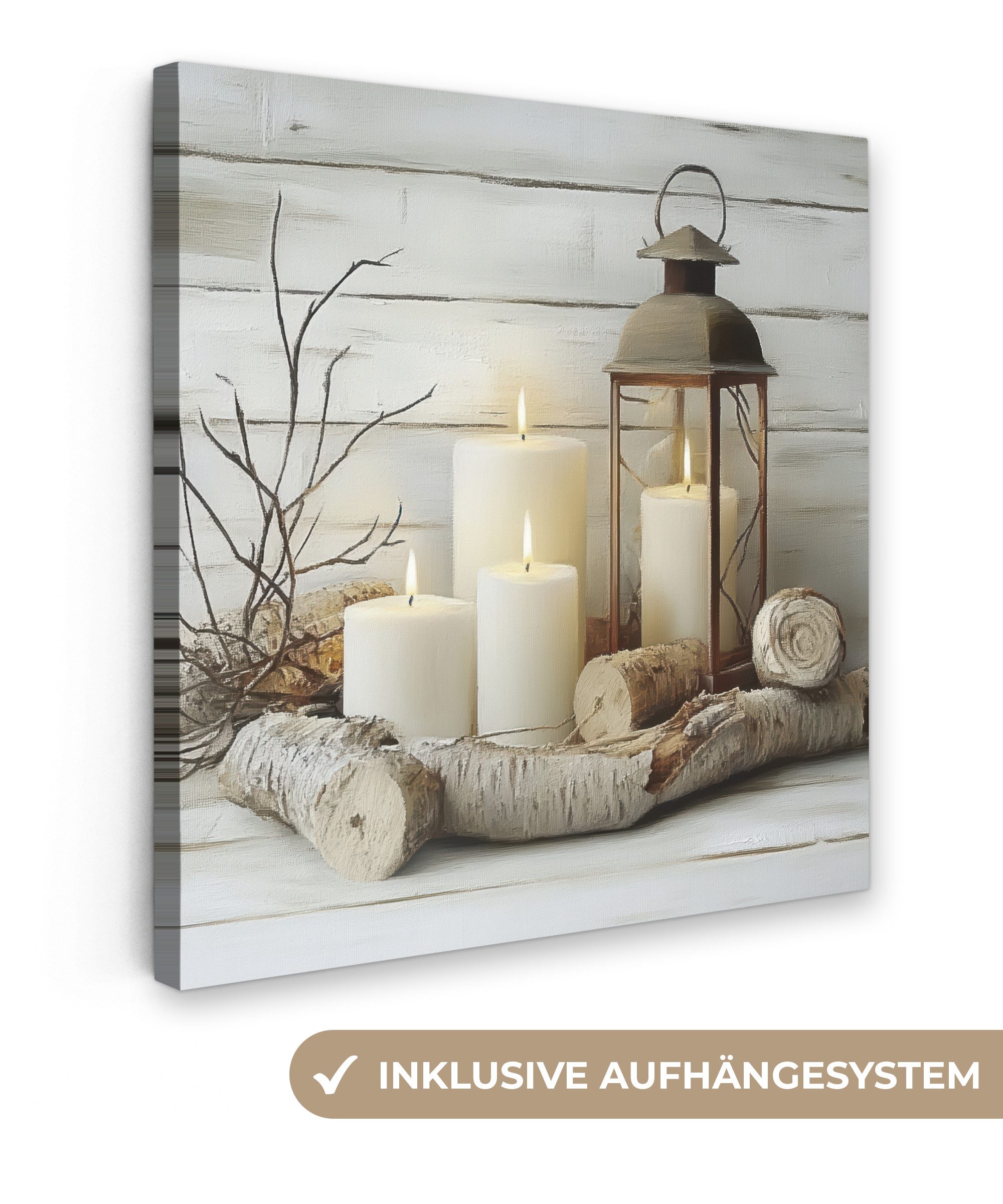 OneMillionCanvasses® Leinwandbild Stilleben - Weiß - Kerzen - Rustikal - Natur, Fotodruck (1 St), Wandbild, Deko Schlafzimmer Wohnzimmer Flur 20x20 cm