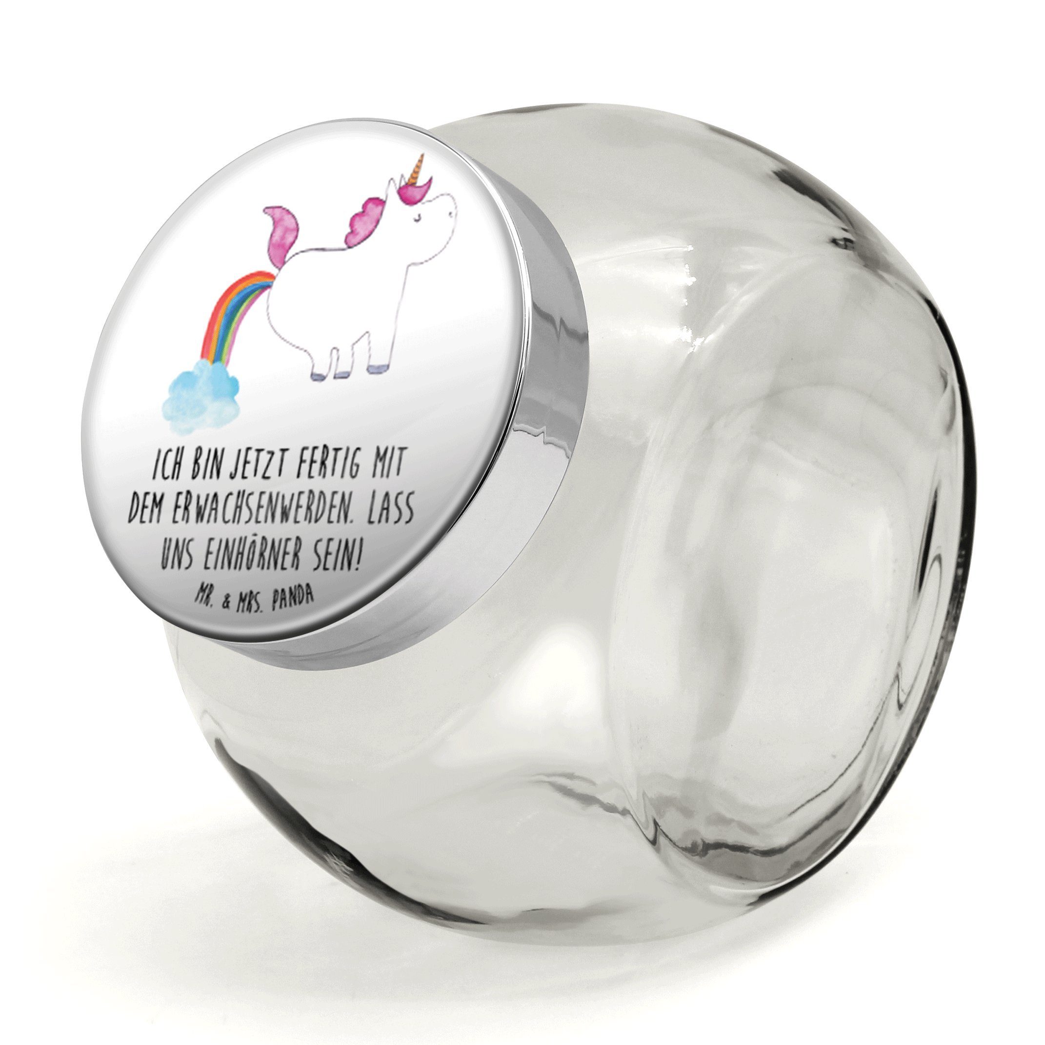 Mr. & Mrs. Panda Vorratsglas XL 2000ml Einhorn Pupsen - Weiß - Geschenk, Süßigkeitendose, Müslidos, Premium Glas, (1-tlg), Mit Motiv