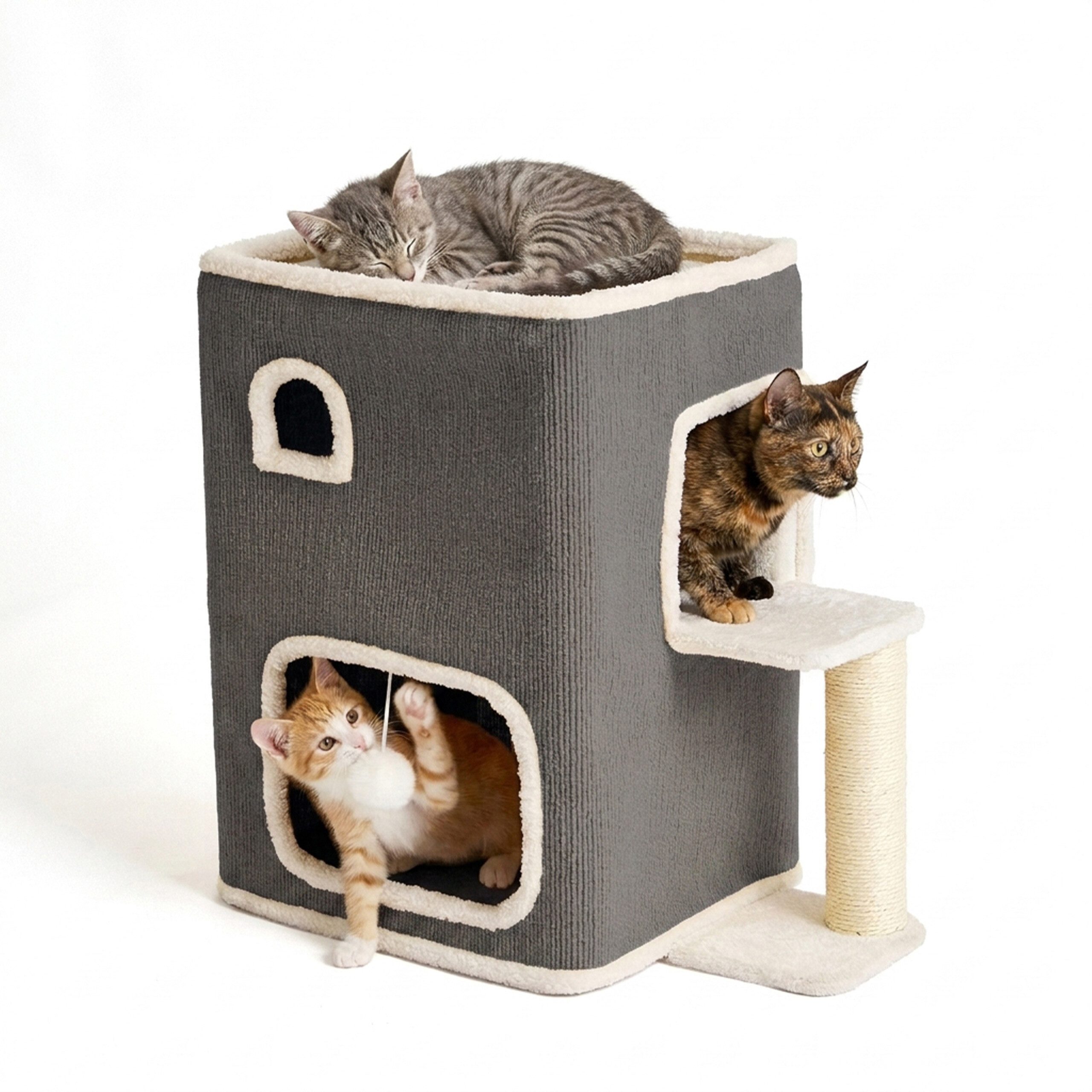 relaxdays Katzenhaus 2 Etagen Ball & Kratzstamm, grau