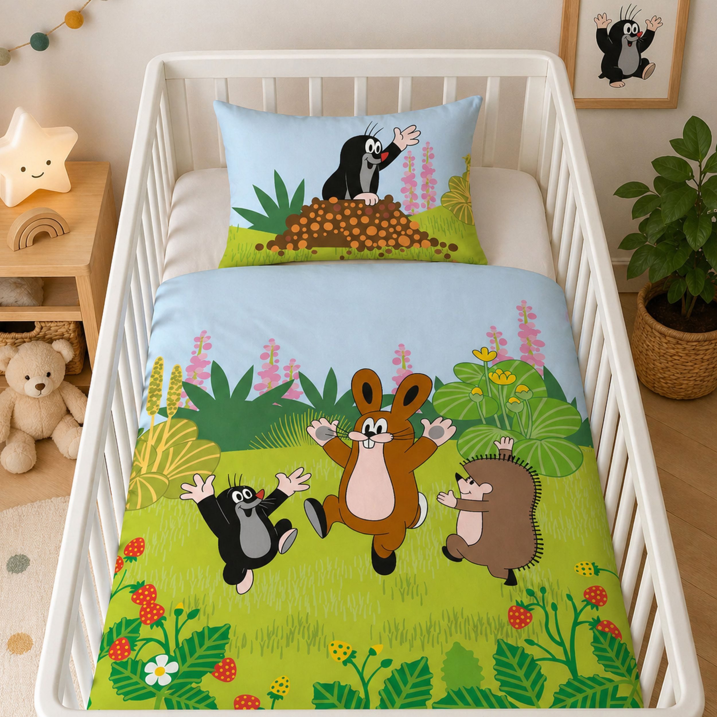 Familando Babybettwäsche 100x135 40x60cm der kleine Maulwurf & seine Freunde Hase und Igel, Renforcé, 2 teilig, mit liebevollem Motiv und Wendeseite