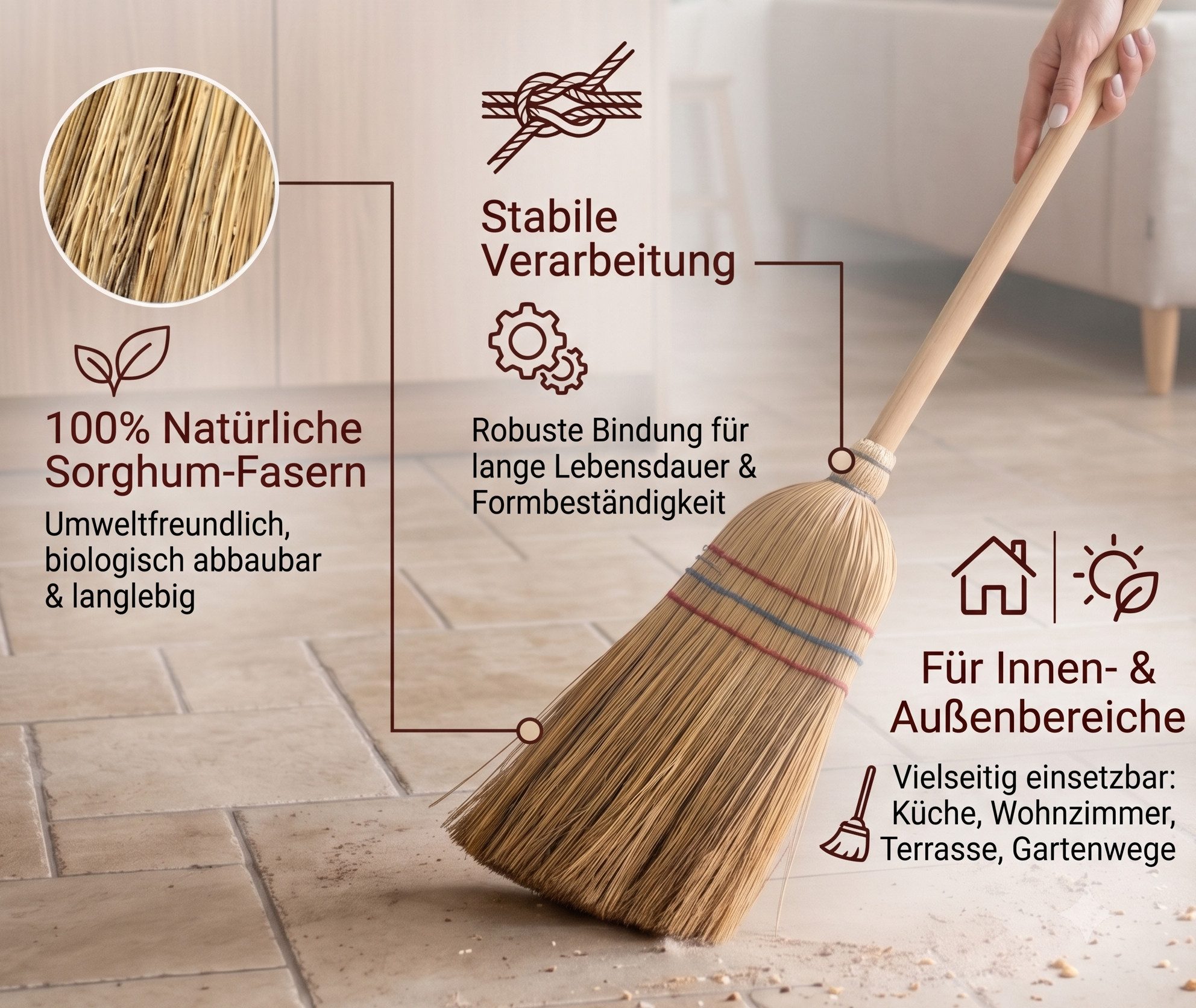 Prima-Online Staubbesen Strohbesen 100cm Sorghumbesen Saalbesen Besen Naturstroh Kehrbesen (1-St) – Bild 3 von 5