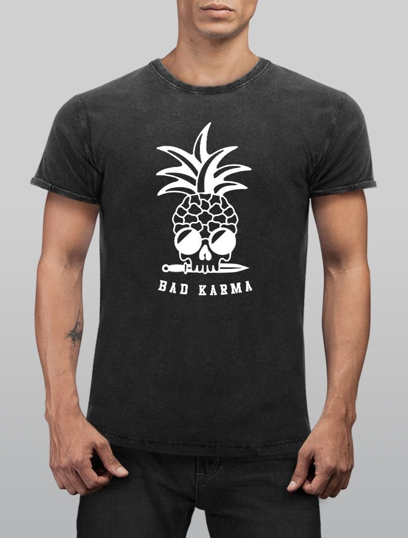 Skull Herren Ananas Print-Shirt Aufdruck mit Karma Totenkopf Printshirt T-Shirt Neverless® Vintage Look Used Print Shirt Bad Neverless Pineapple