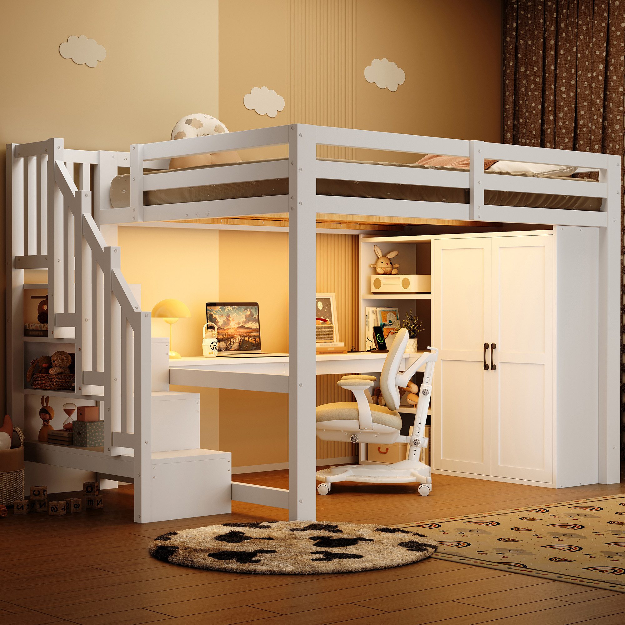 Flieks Hochbett Kinderbett 140x200cm Lichtleiste Schreibtisch Kleiderschrank Treppe