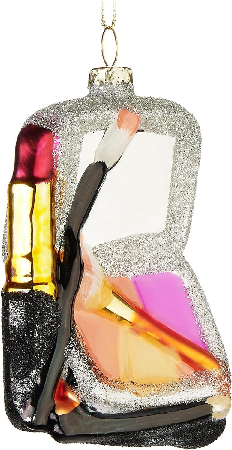 BRUBAKER Weihnachtsbaumkugel Make-Up Set - Handbemalte Weihnachtskugel aus Glas - 9 cm Baumkugel (1 St), Christbaumschmuck Glitzer Schminkset mit Spiegel, Pinsel + Lippenstift