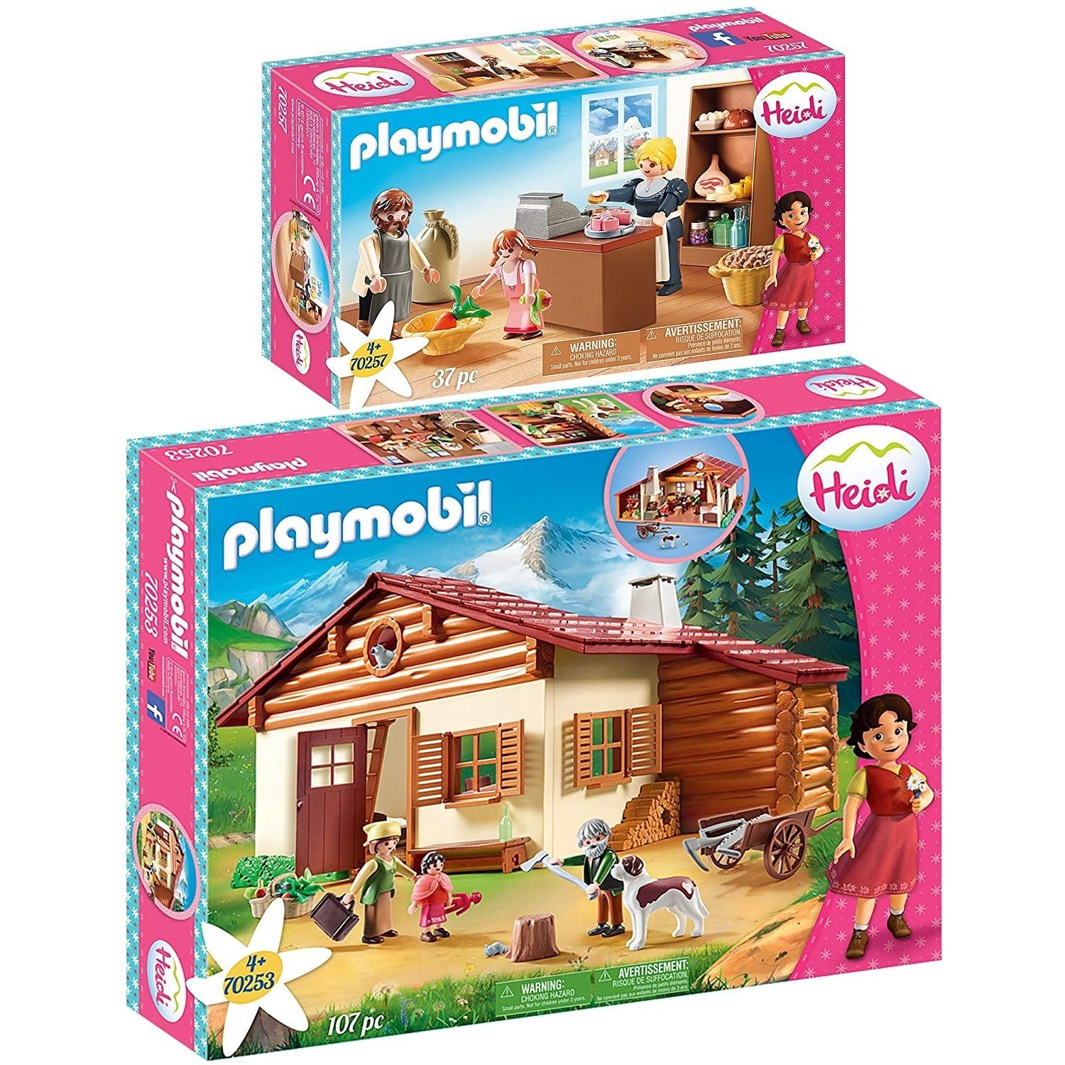 Playmobil® Spielbausteine »70253 70257 Heidi 2er Set Almhütte + Dorfladen«