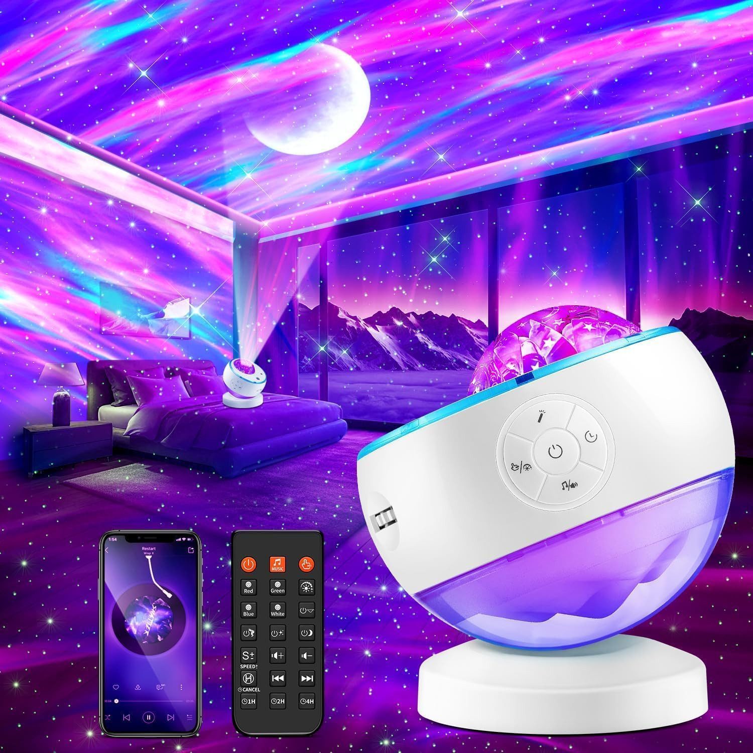 Vivitar LED Nachtlicht Sternenhimmel Projektor mit Fernbedienung, 3D Galaxy Lampe 16 Farben, 16 Farben Nordlichter & 300 Lichtmodi, LED fest integriert, RGB, 30 Modi und Meereswellen Nachtlicht und Projektor in einem dimmbar