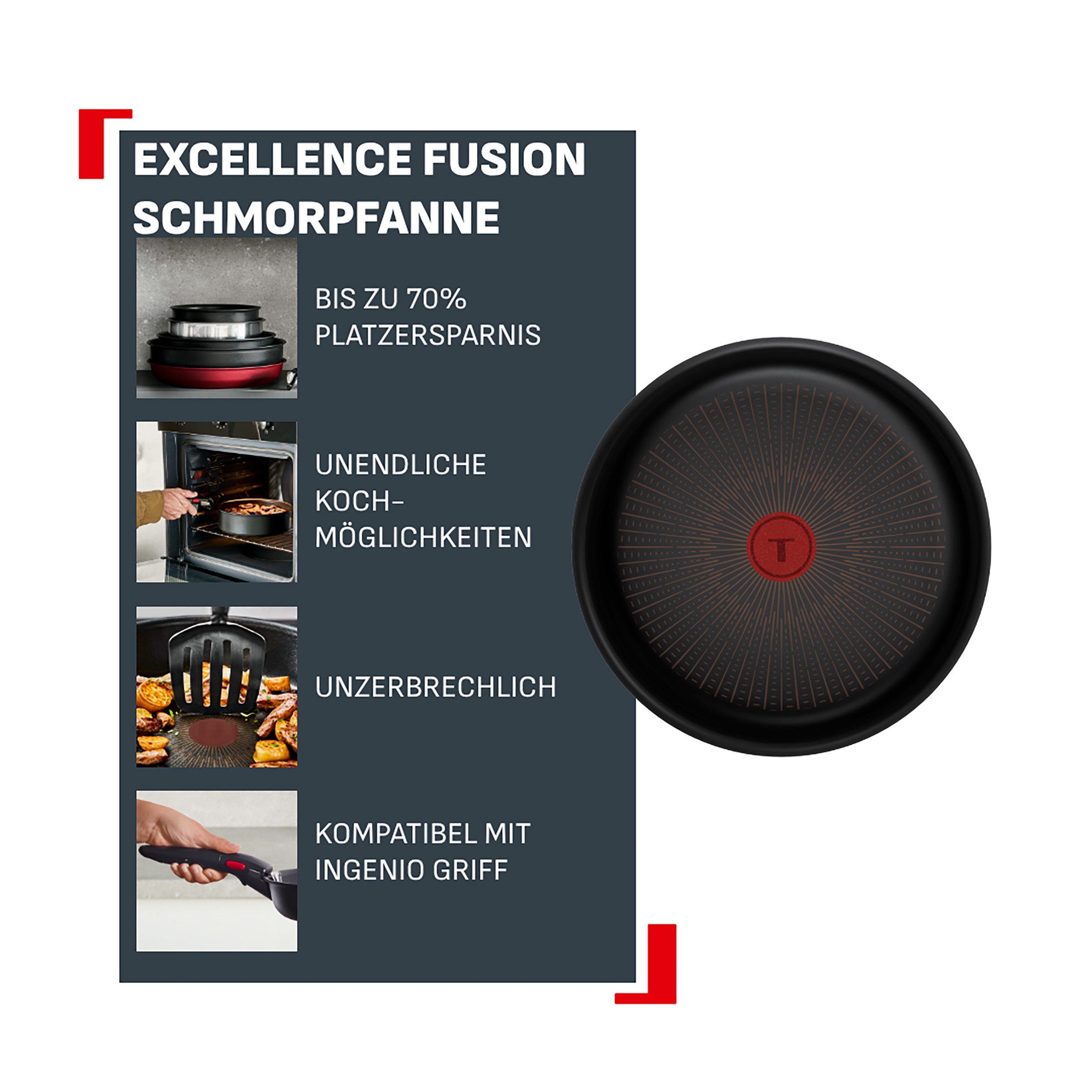 Tefal Schmorpfanne Ingenio Excellence Fusion, Aluminium (1-tlg), abnehmbarer Ingenio-Griff, Thermo-Signal, stapelbar, Induktion