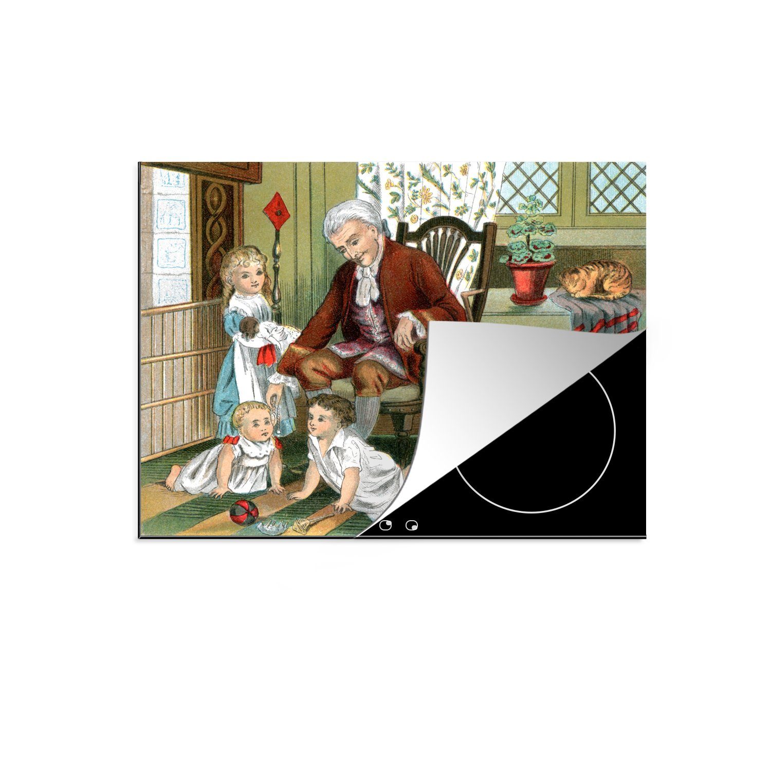MuchoWow Herdblende-/Abdeckplatte Illustration eines Kinderzimmers mit drei Kindern und einem, Vinyl, (1 tlg), 60x52 cm, Mobile Arbeitsfläche nutzbar, Ceranfeldabdeckung